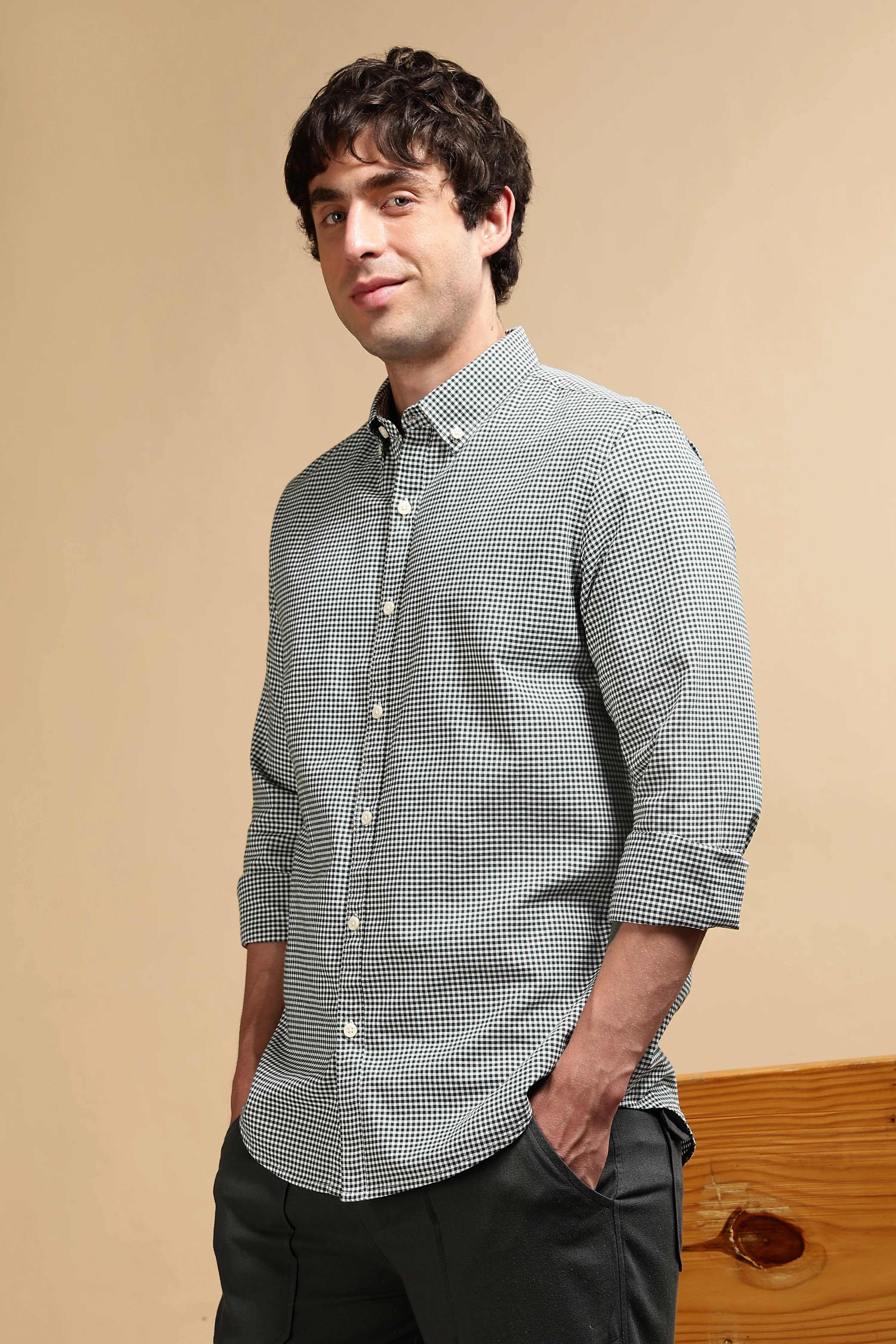 Men Green Cotton Oxford Slim Fit Mini Checks Shirt - Image 5
