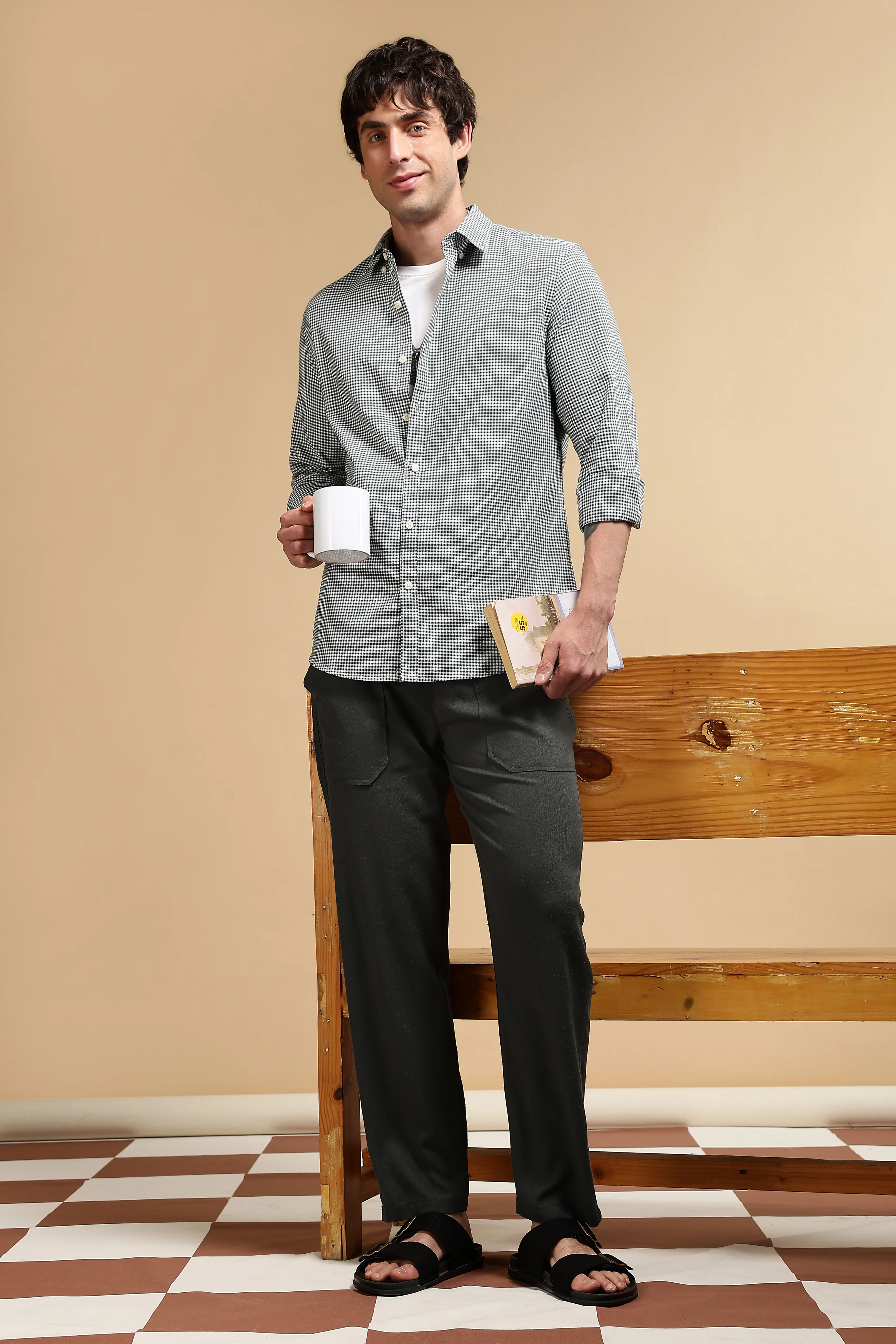 Men Green Cotton Oxford Slim Fit Mini Checks Shirt - Image 8