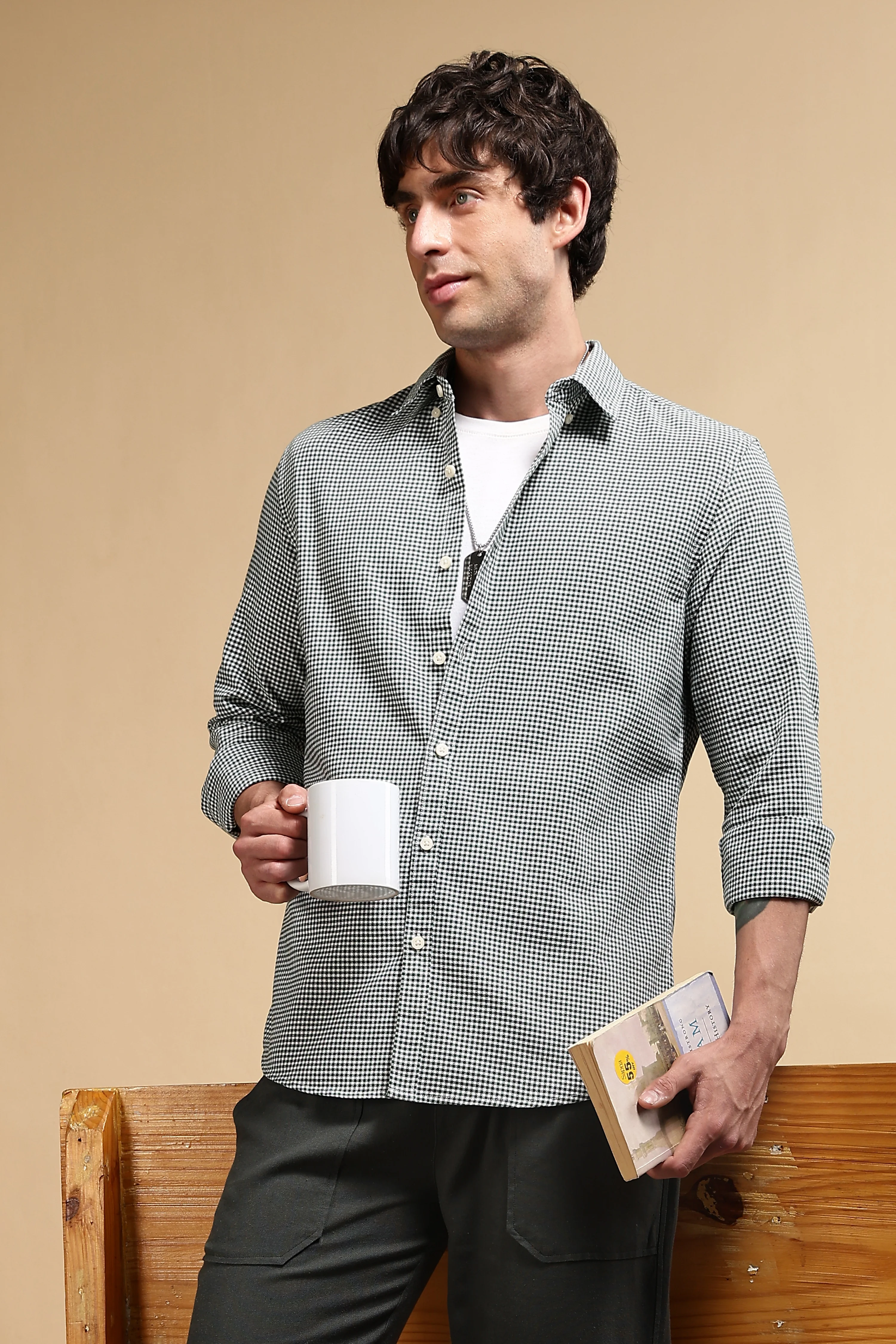 Men Green Cotton Oxford Slim Fit Mini Checks Shirt - Image 9
