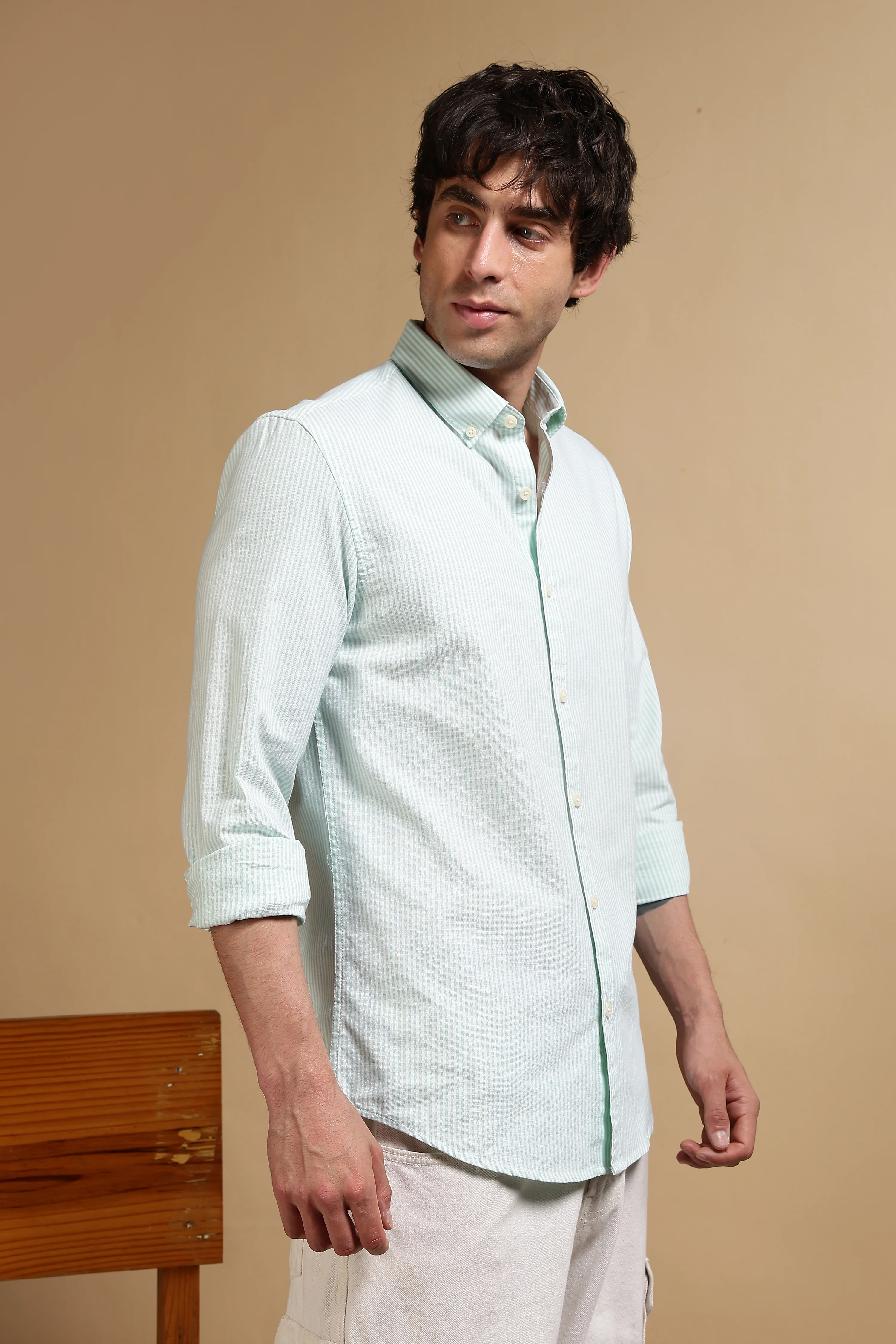 Men Green Cotton Oxford Slim Fit Striped Shirt - Image 2