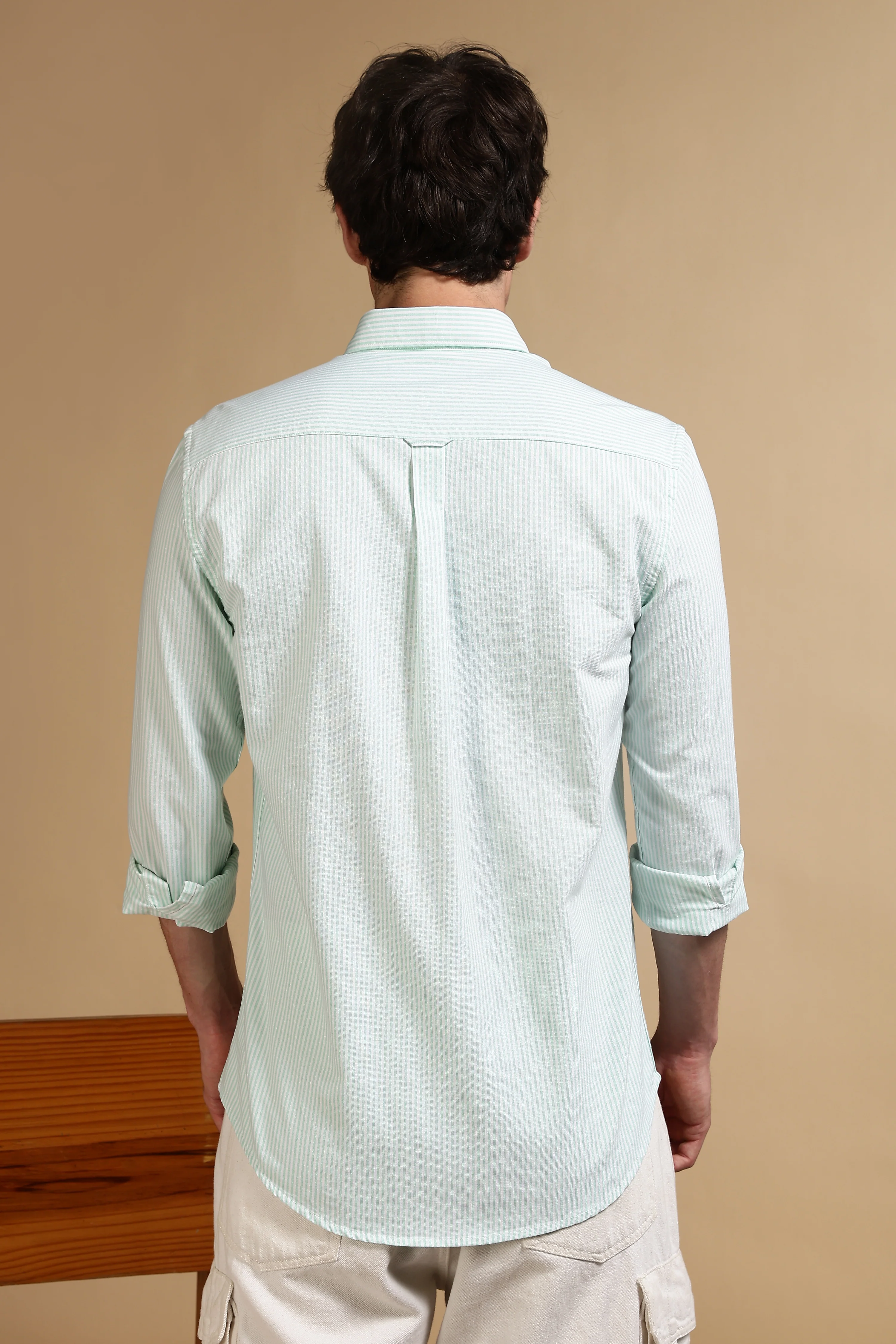 Men Green Cotton Oxford Slim Fit Striped Shirt - Image 3