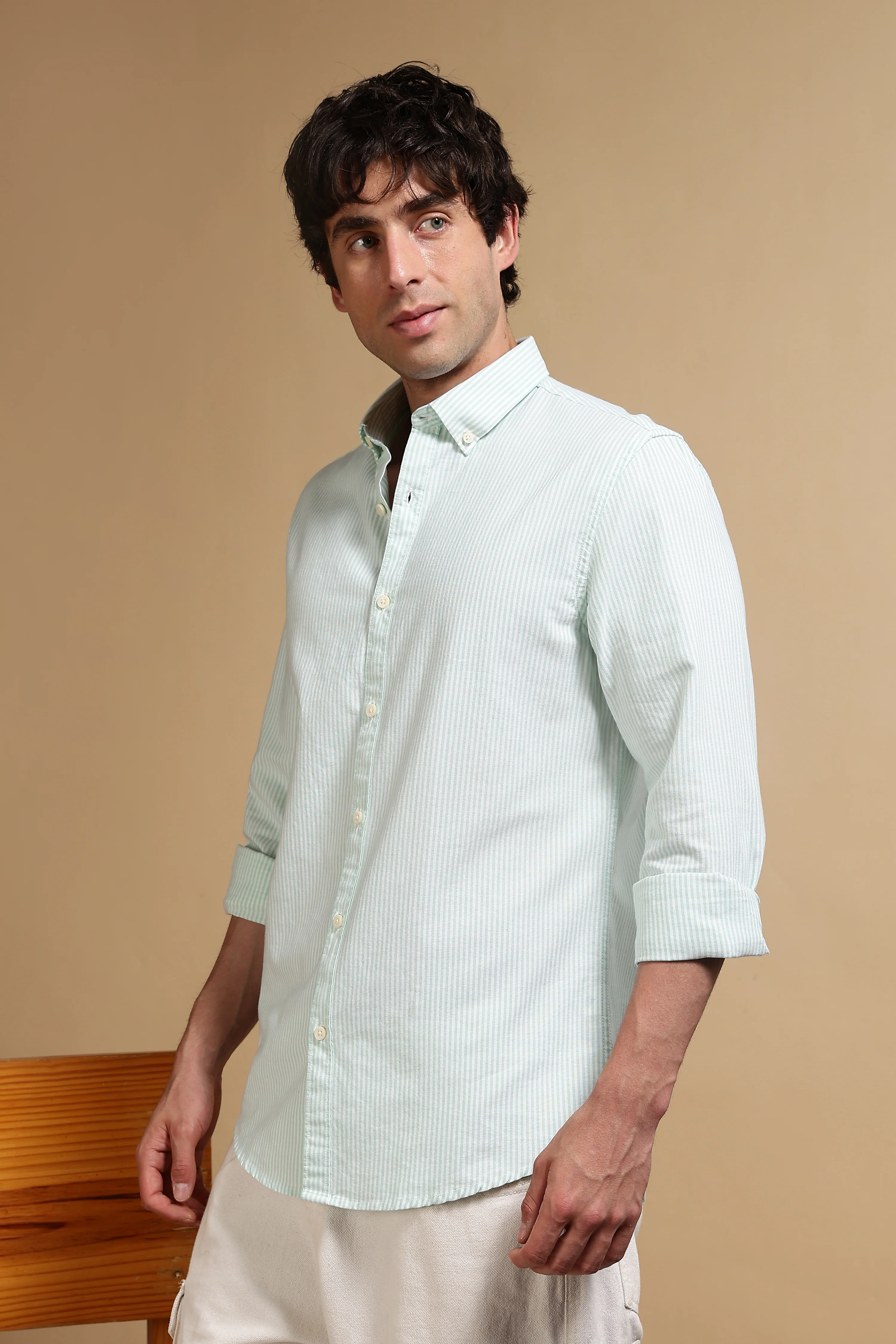Men Green Cotton Oxford Slim Fit Striped Shirt - Image 4