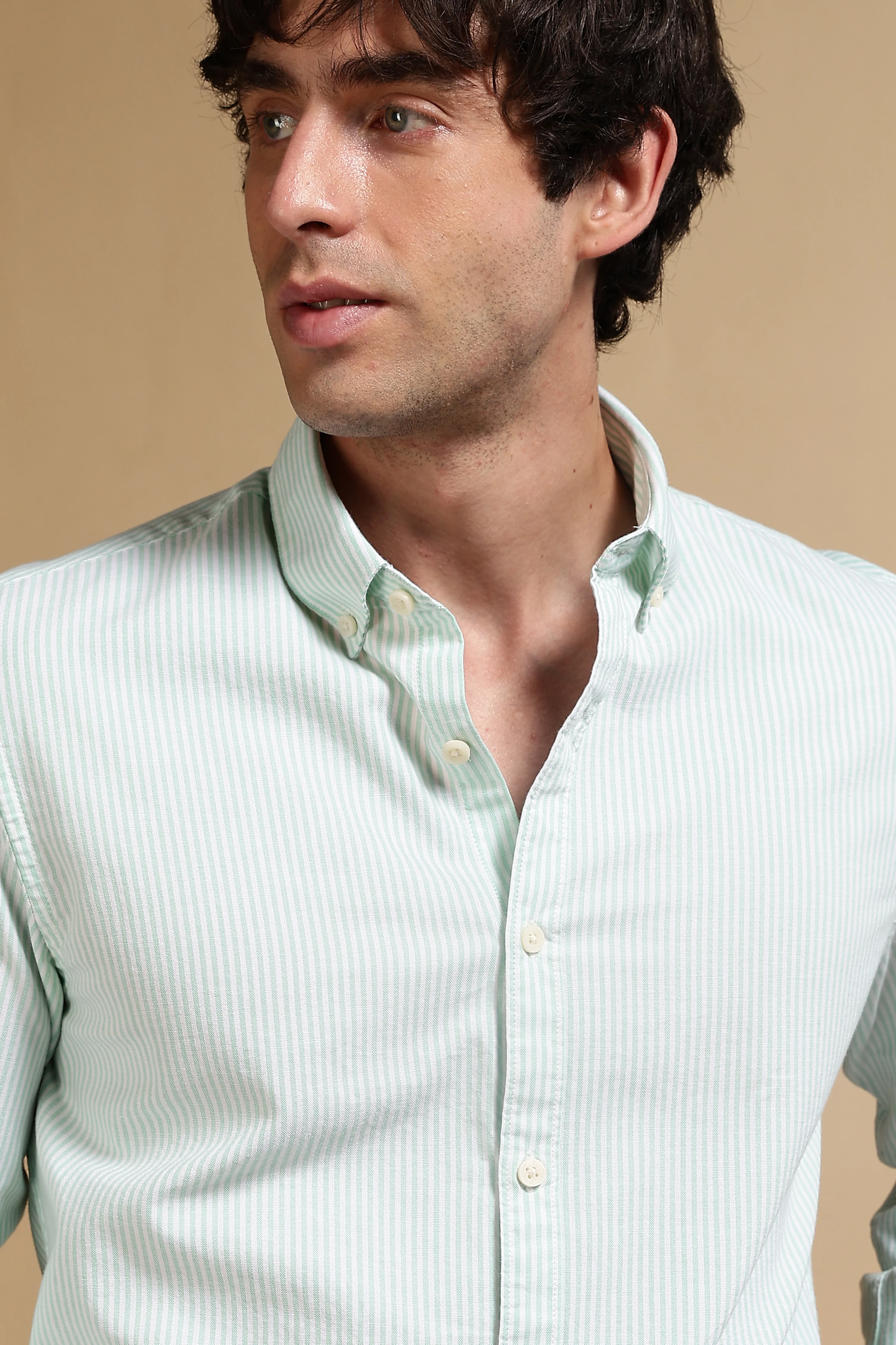 Men Green Cotton Oxford Slim Fit Striped Shirt - Image 6