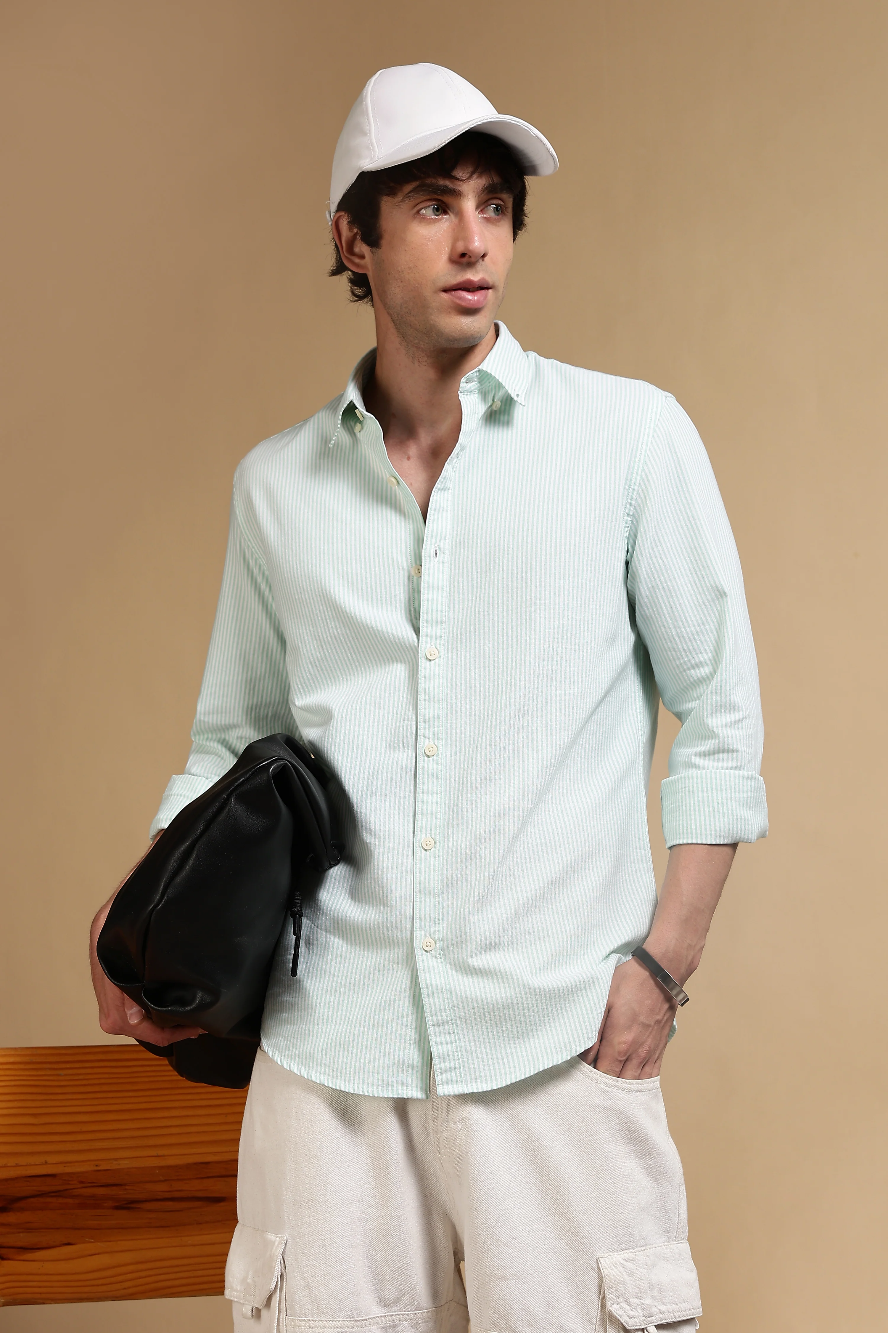 Men Green Cotton Oxford Slim Fit Striped Shirt - Image 9