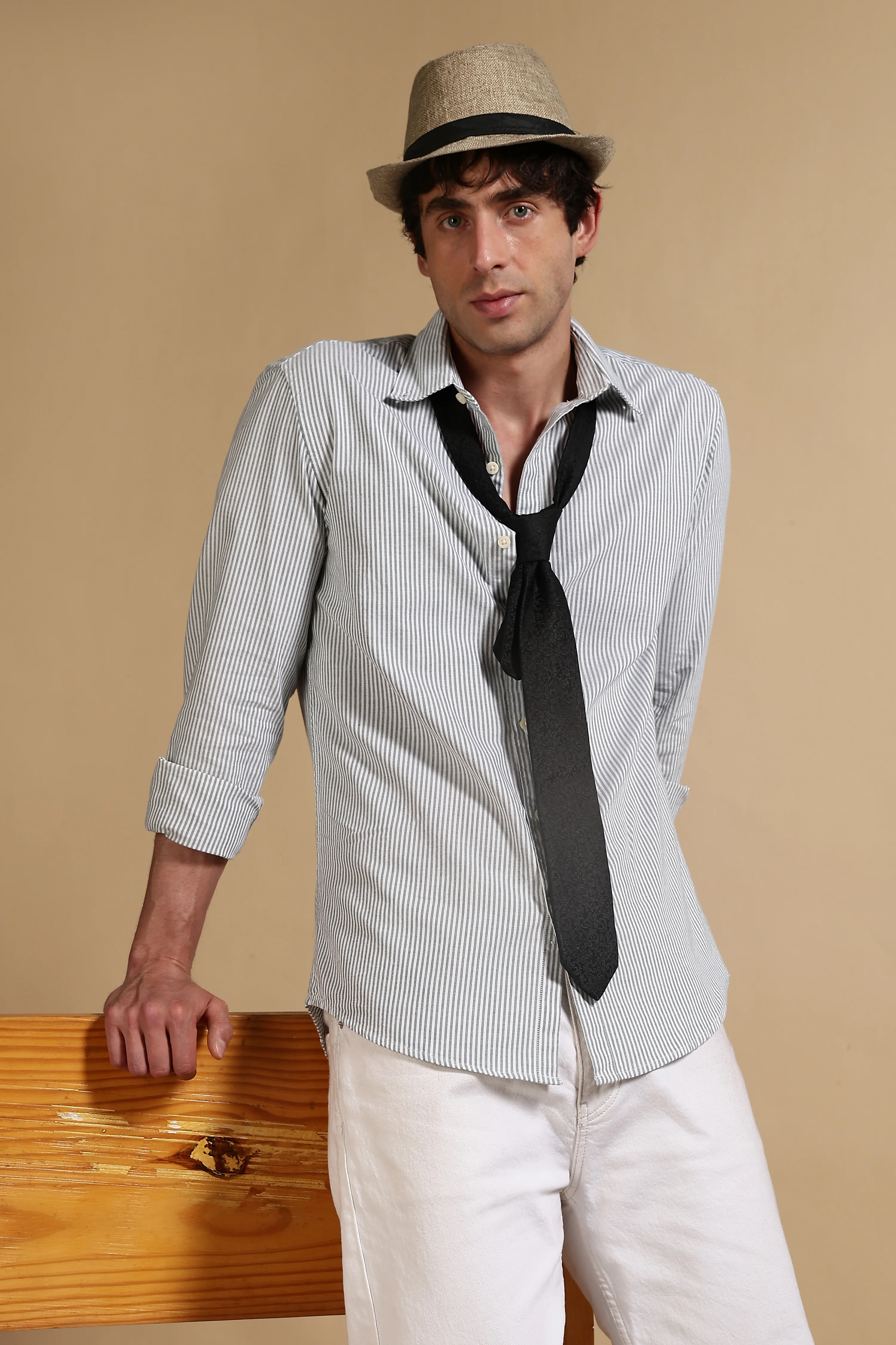 Men Green Cotton Oxford Slim Fit Striped Shirt - Image 10