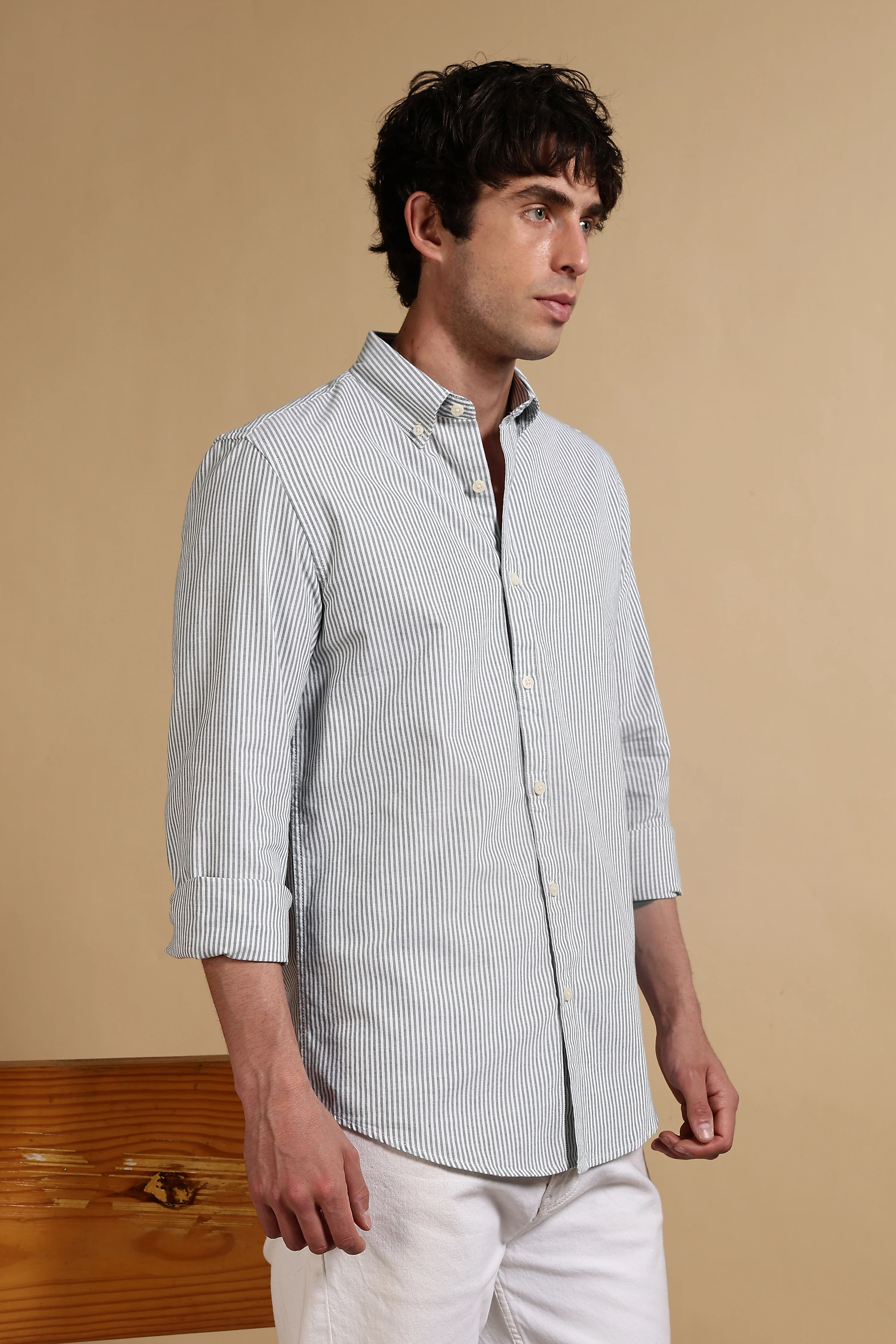 Men Green Cotton Oxford Slim Fit Striped Shirt - Image 3