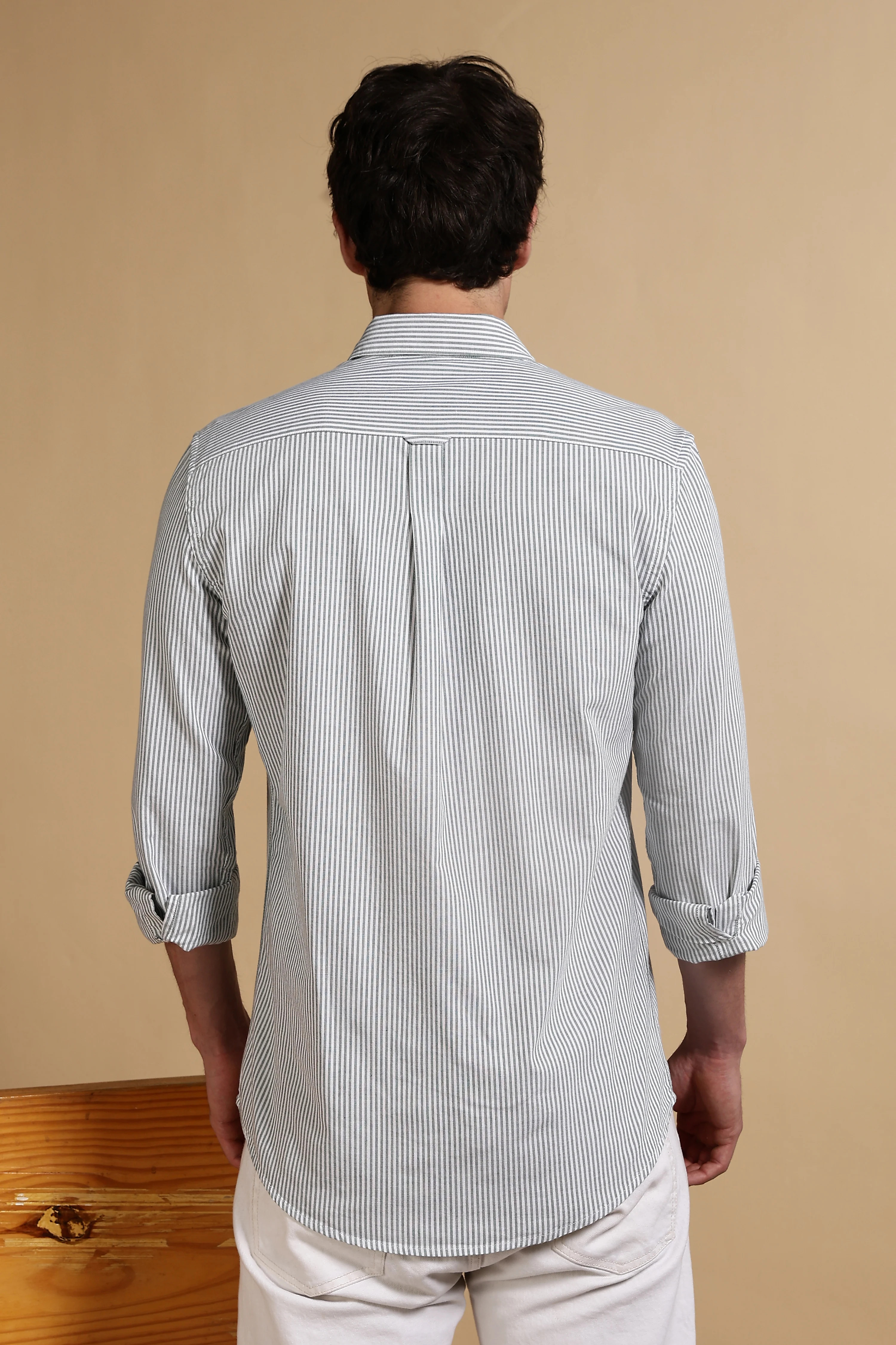 Men Green Cotton Oxford Slim Fit Striped Shirt - Image 4