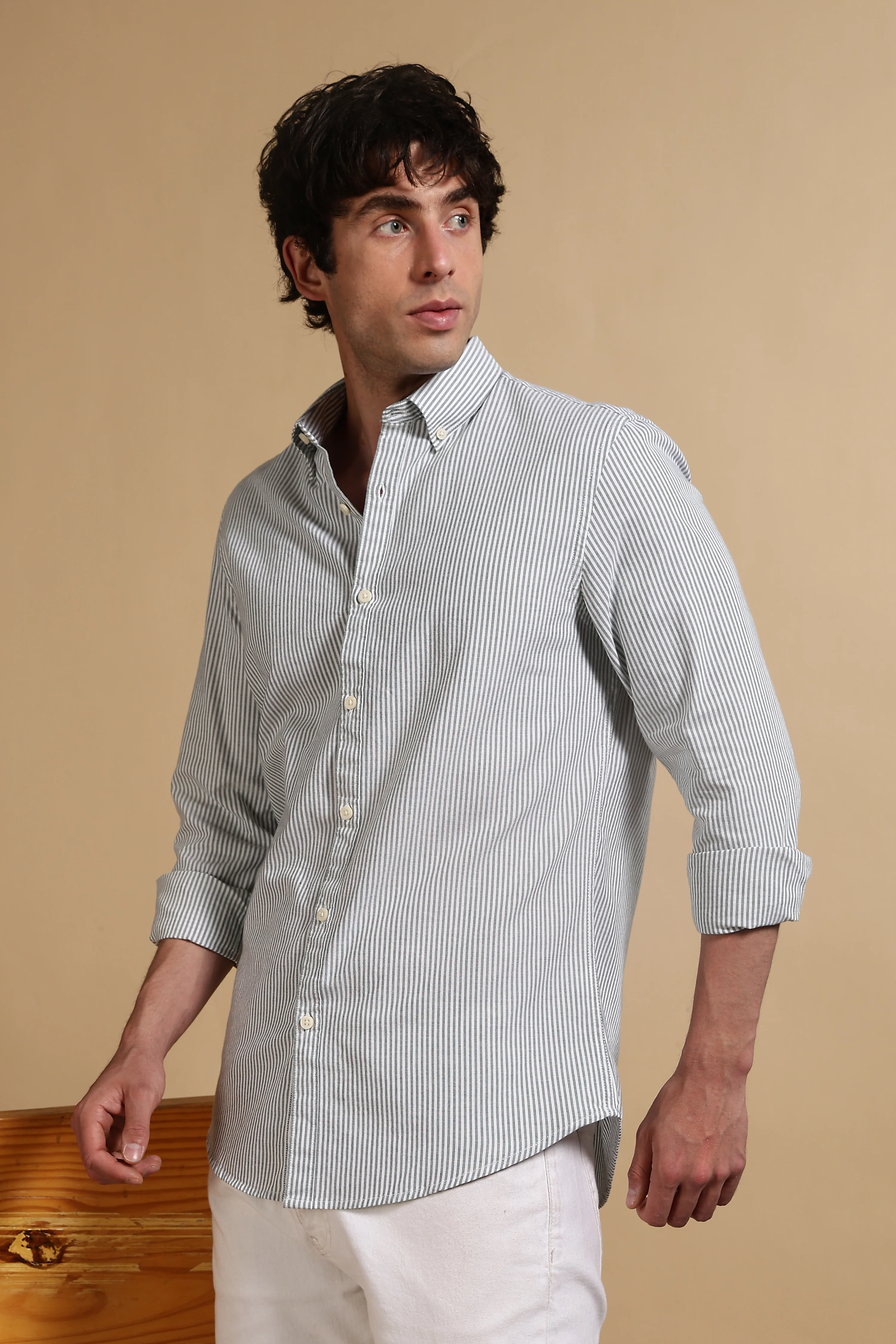 Men Green Cotton Oxford Slim Fit Striped Shirt - Image 5