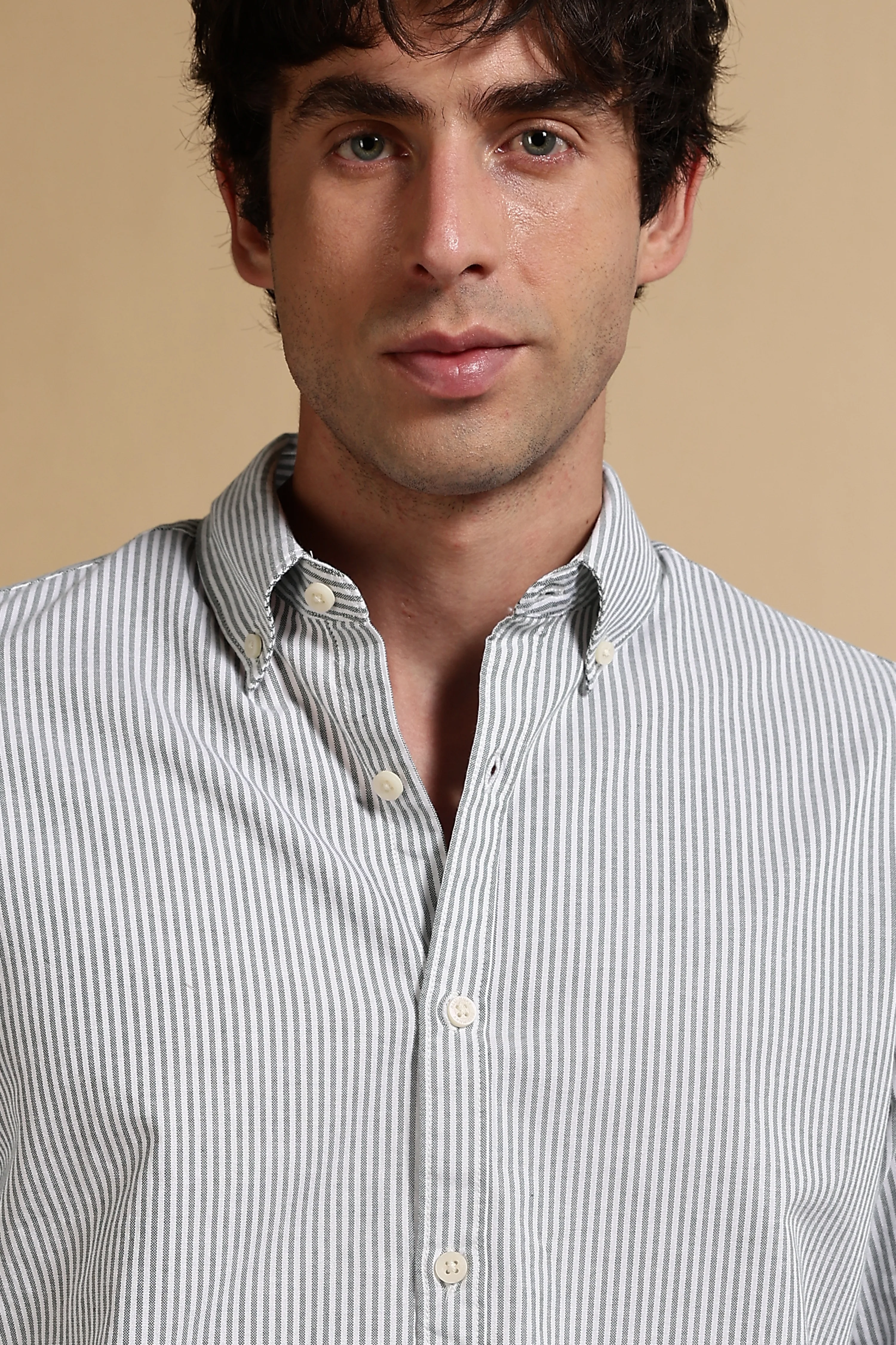 Men Green Cotton Oxford Slim Fit Striped Shirt - Image 6
