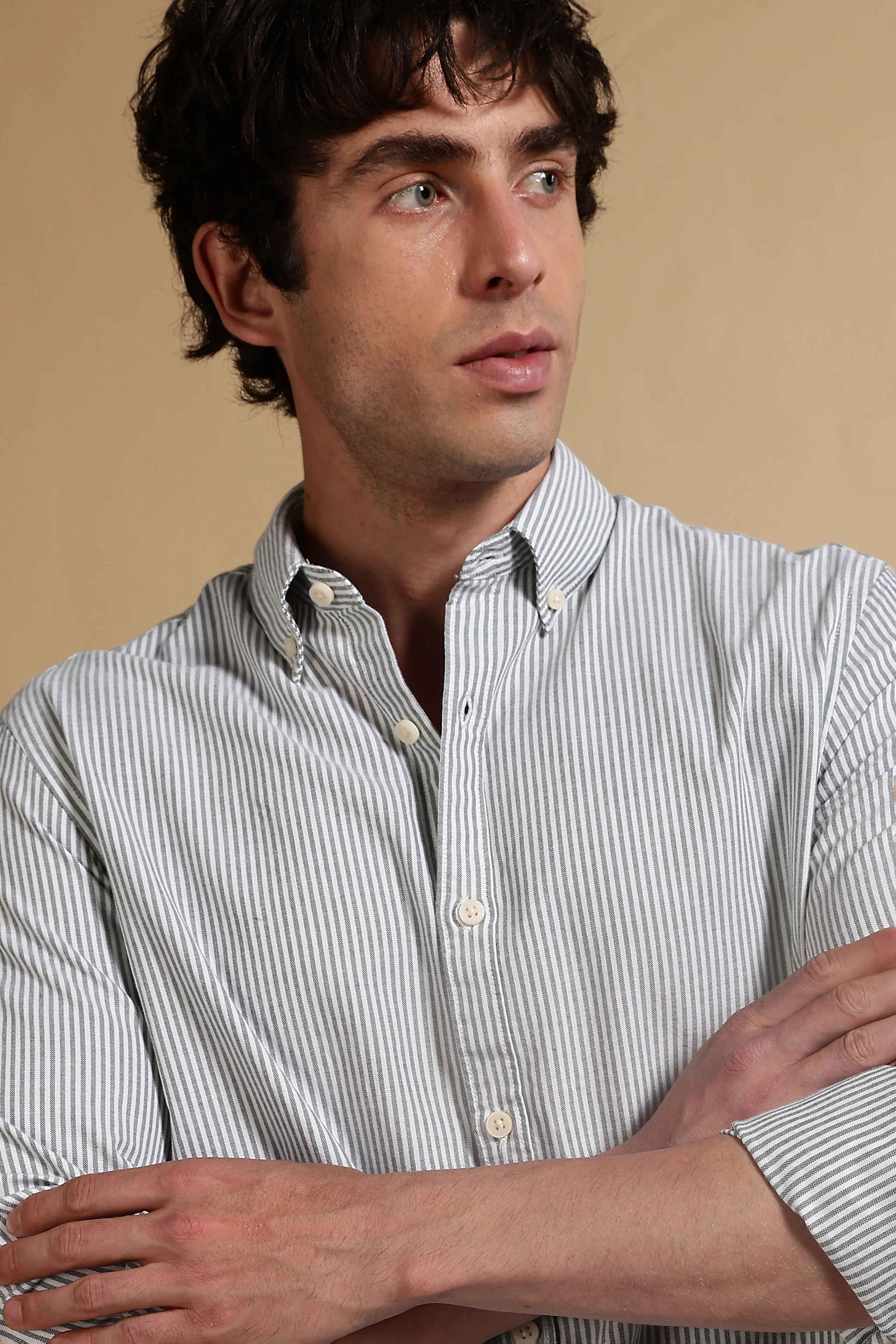 Men Green Cotton Oxford Slim Fit Striped Shirt - Image 7