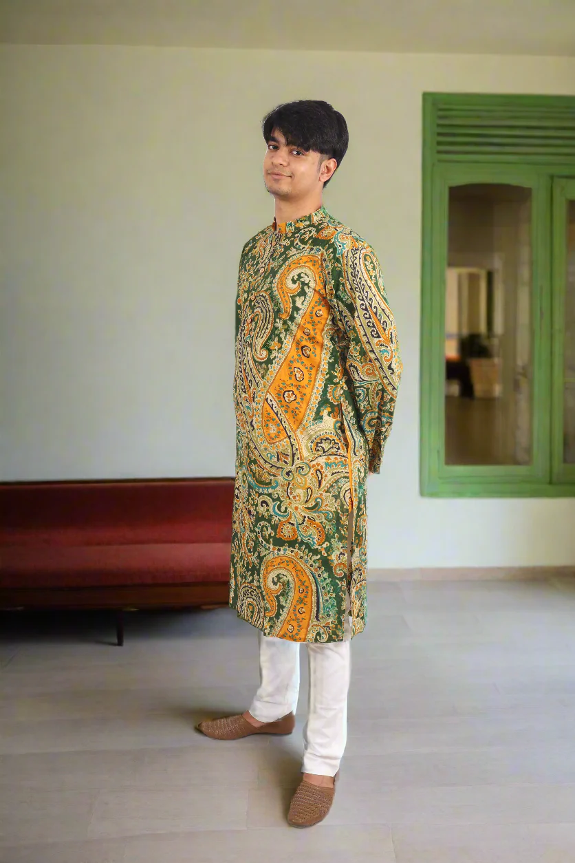Men Green Cotton Paisley Printed Straight Kurta - Image 3
