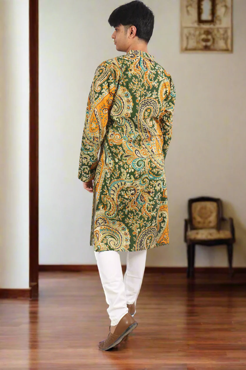 Men Green Cotton Paisley Printed Straight Kurta - Image 5