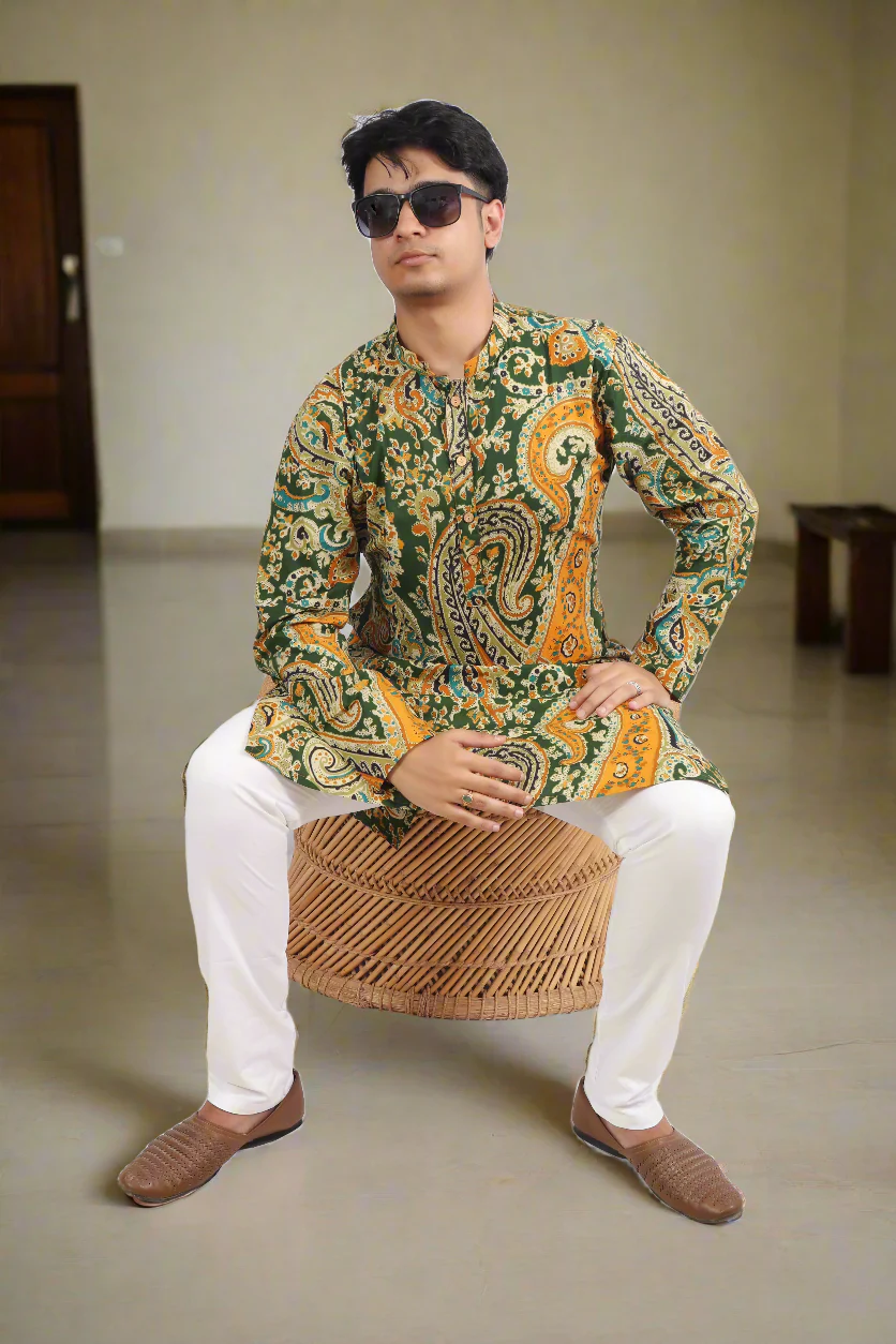 Men Green Cotton Paisley Printed Straight Kurta - Image 7