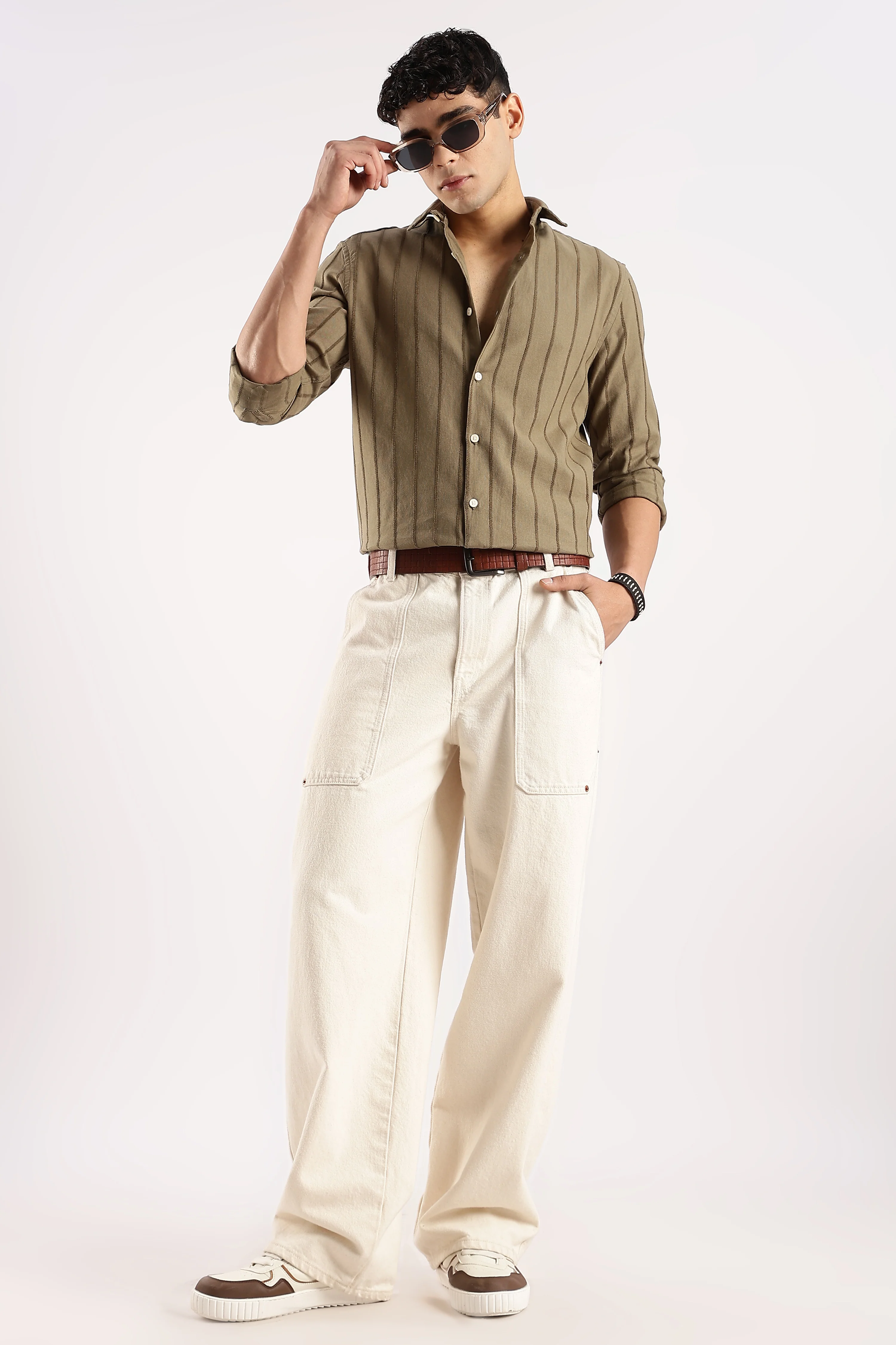 Men Green Cotton Self-Striped Shirt - Image 10
