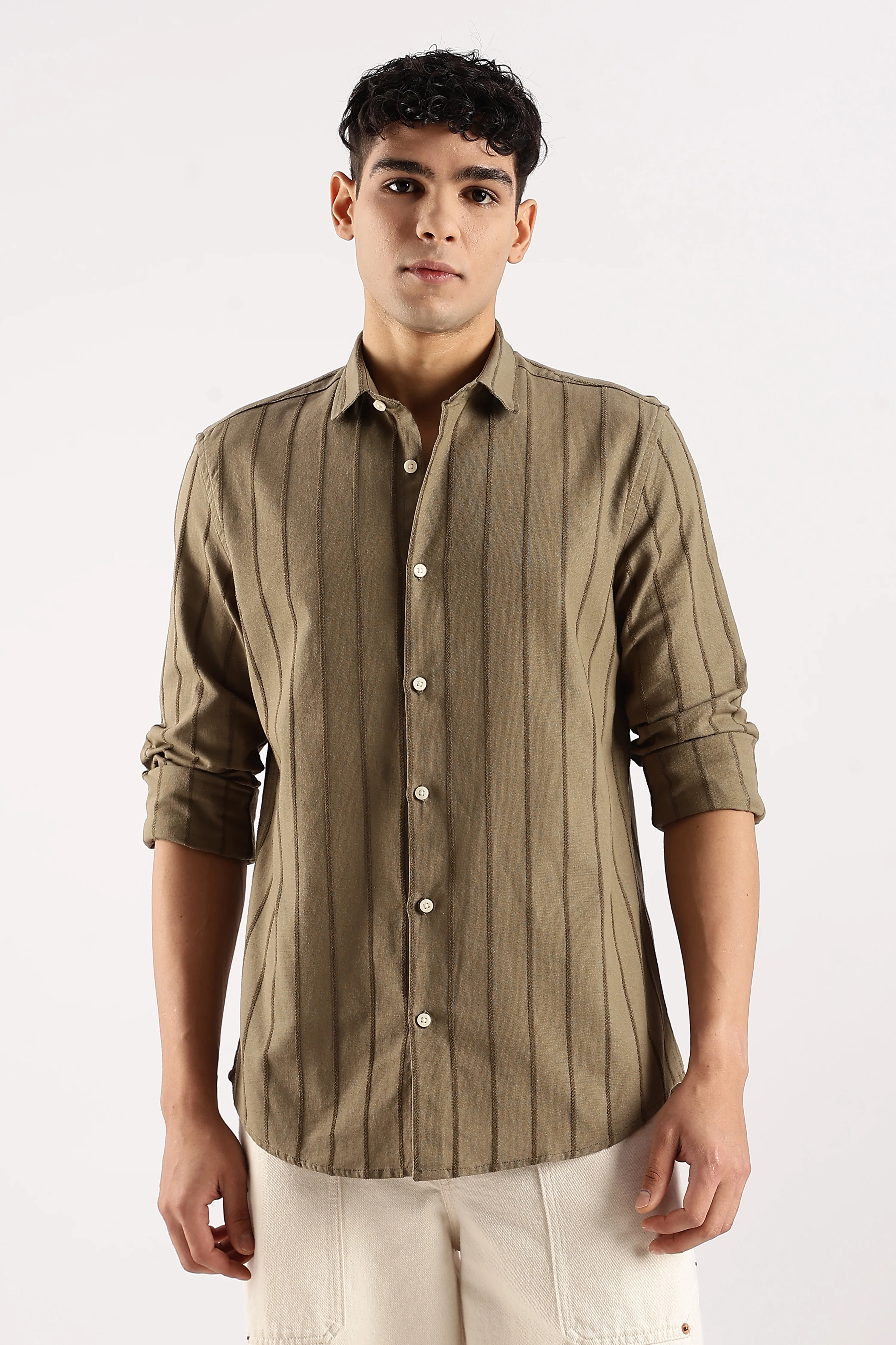 Men Green Cotton Self-Striped Shirt - Image 2
