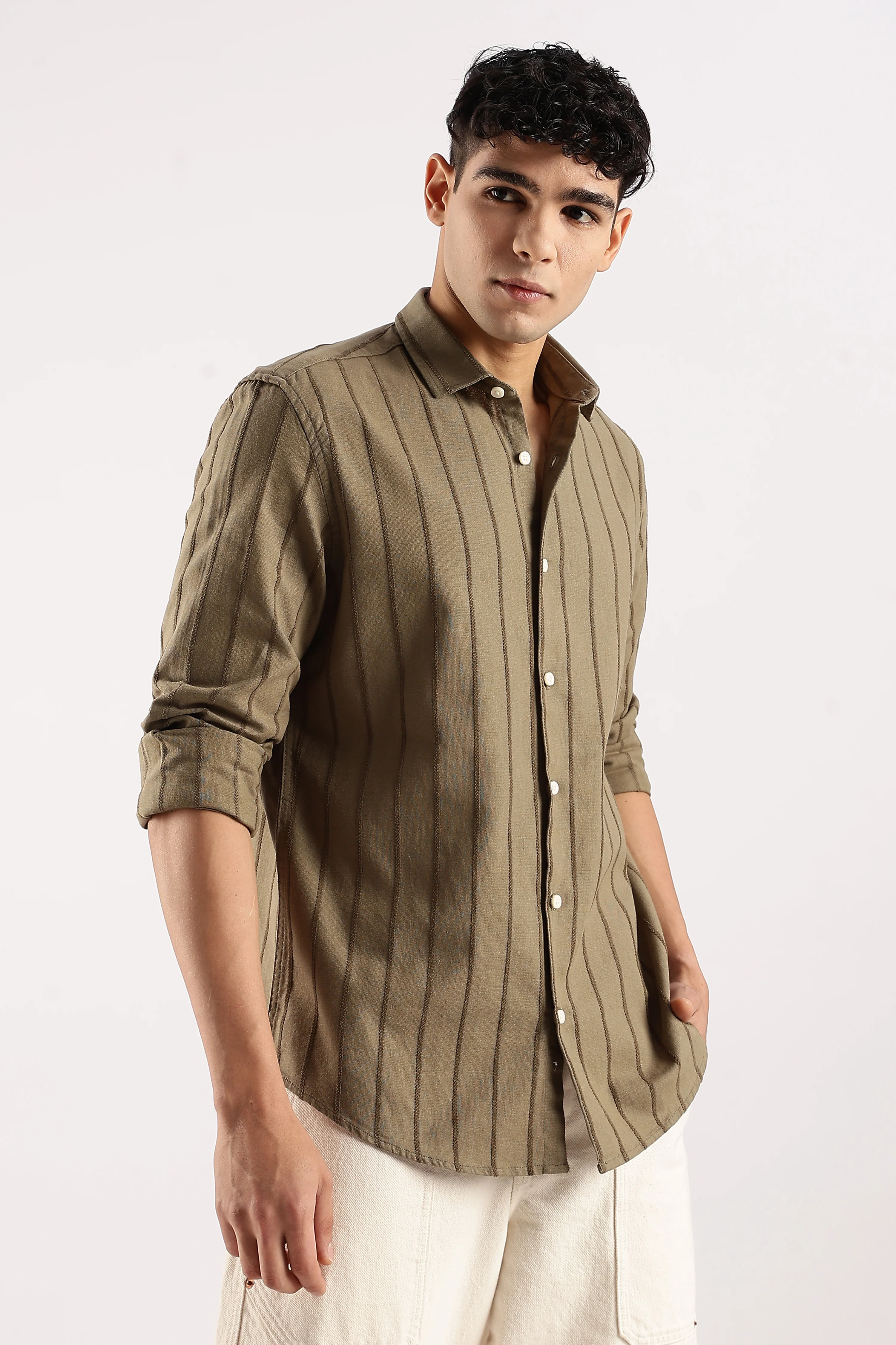 Men Green Cotton Self-Striped Shirt - Image 3