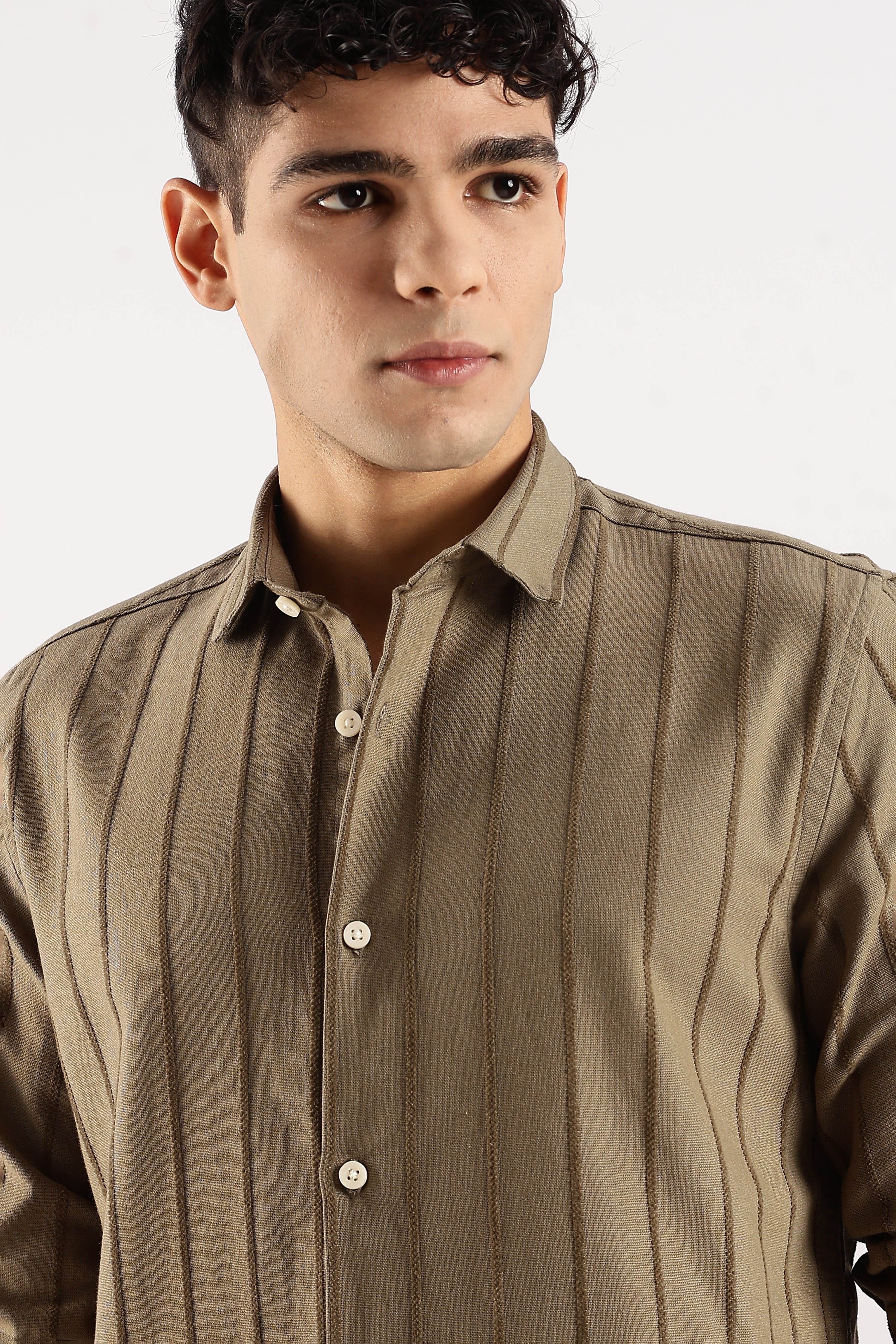 Men Green Cotton Self-Striped Shirt - Image 4
