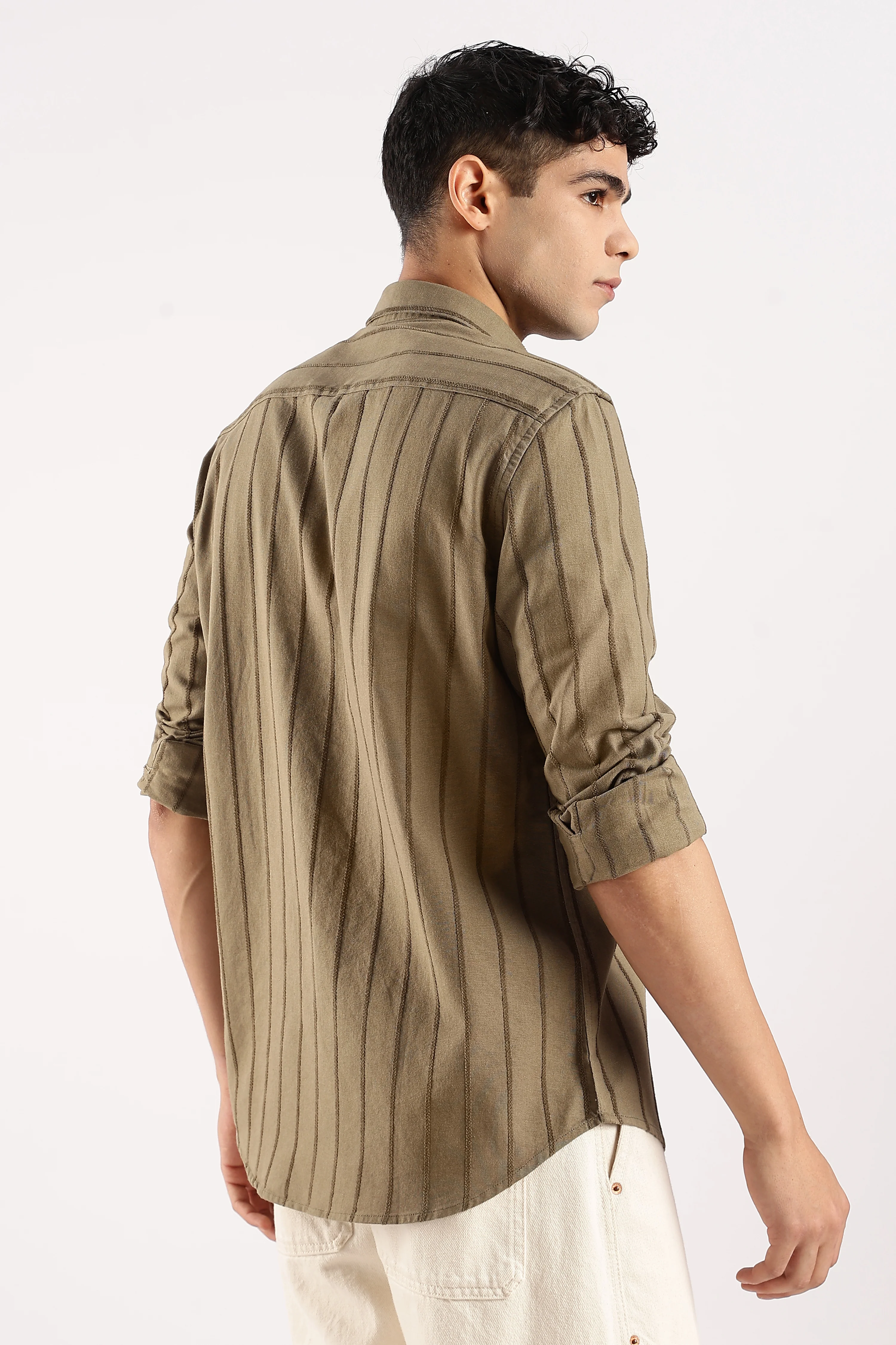 Men Green Cotton Self-Striped Shirt - Image 5