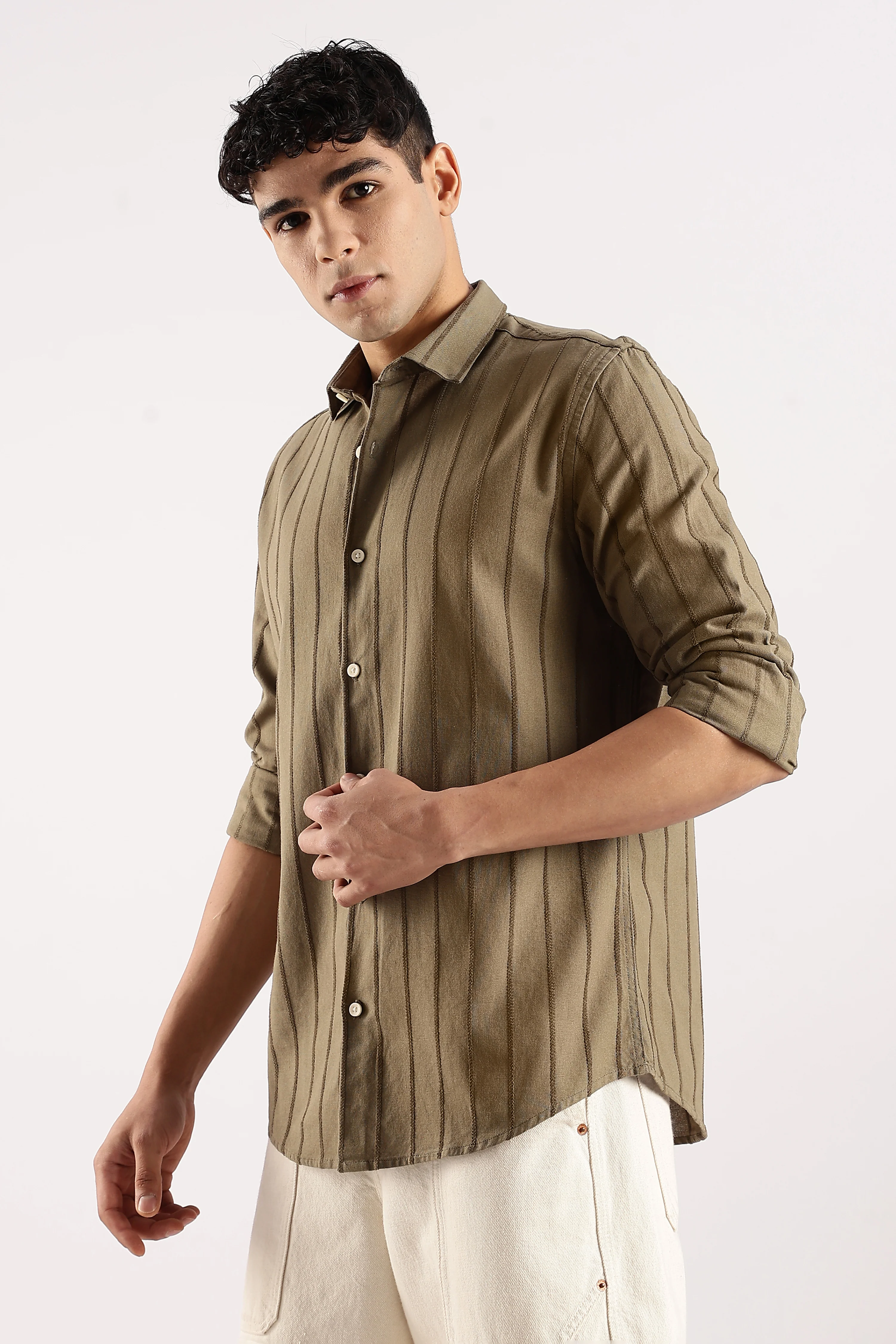 Men Green Cotton Self-Striped Shirt - Image 6