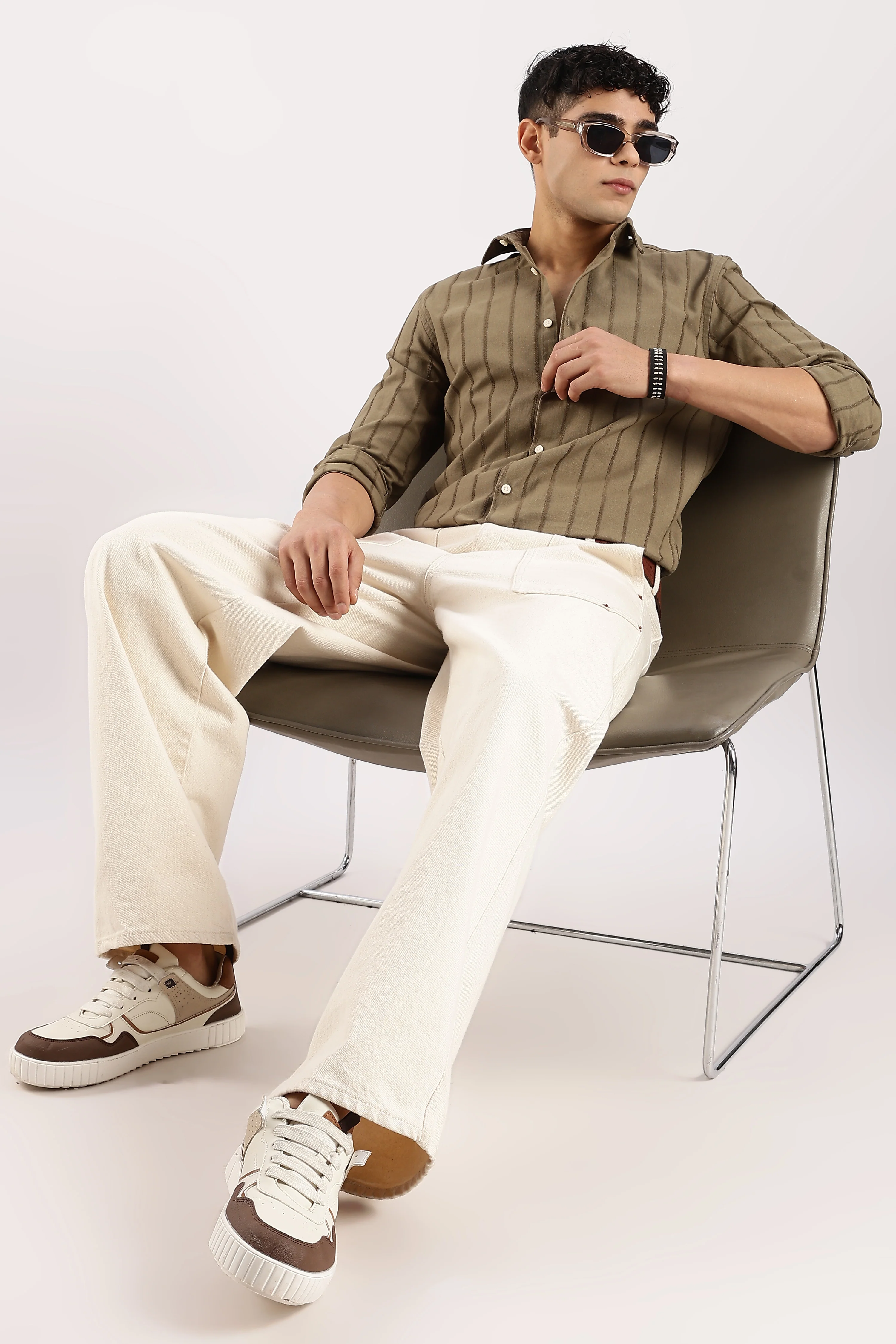 Men Green Cotton Self-Striped Shirt - Image 7