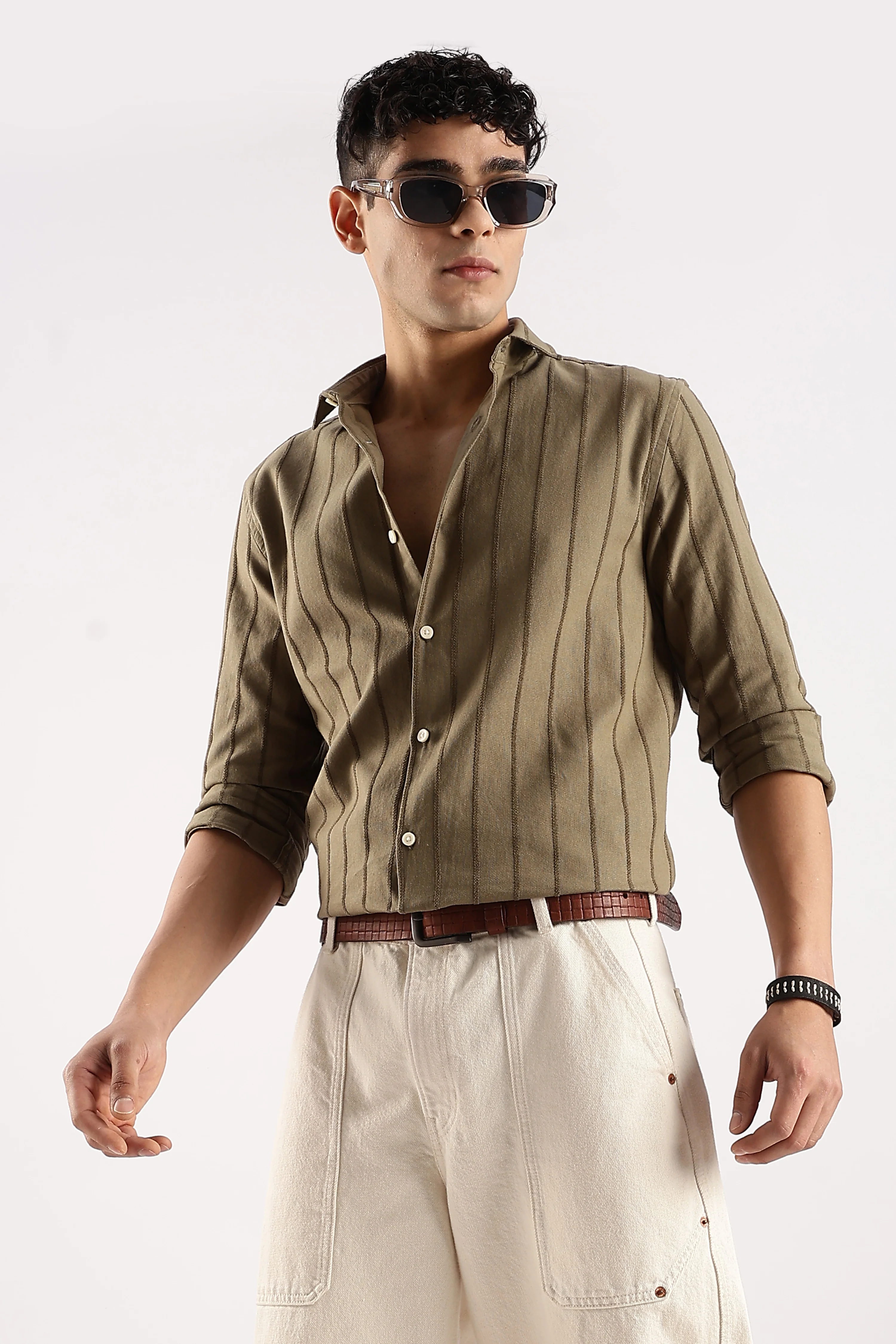 Men Green Cotton Self-Striped Shirt - Image 8