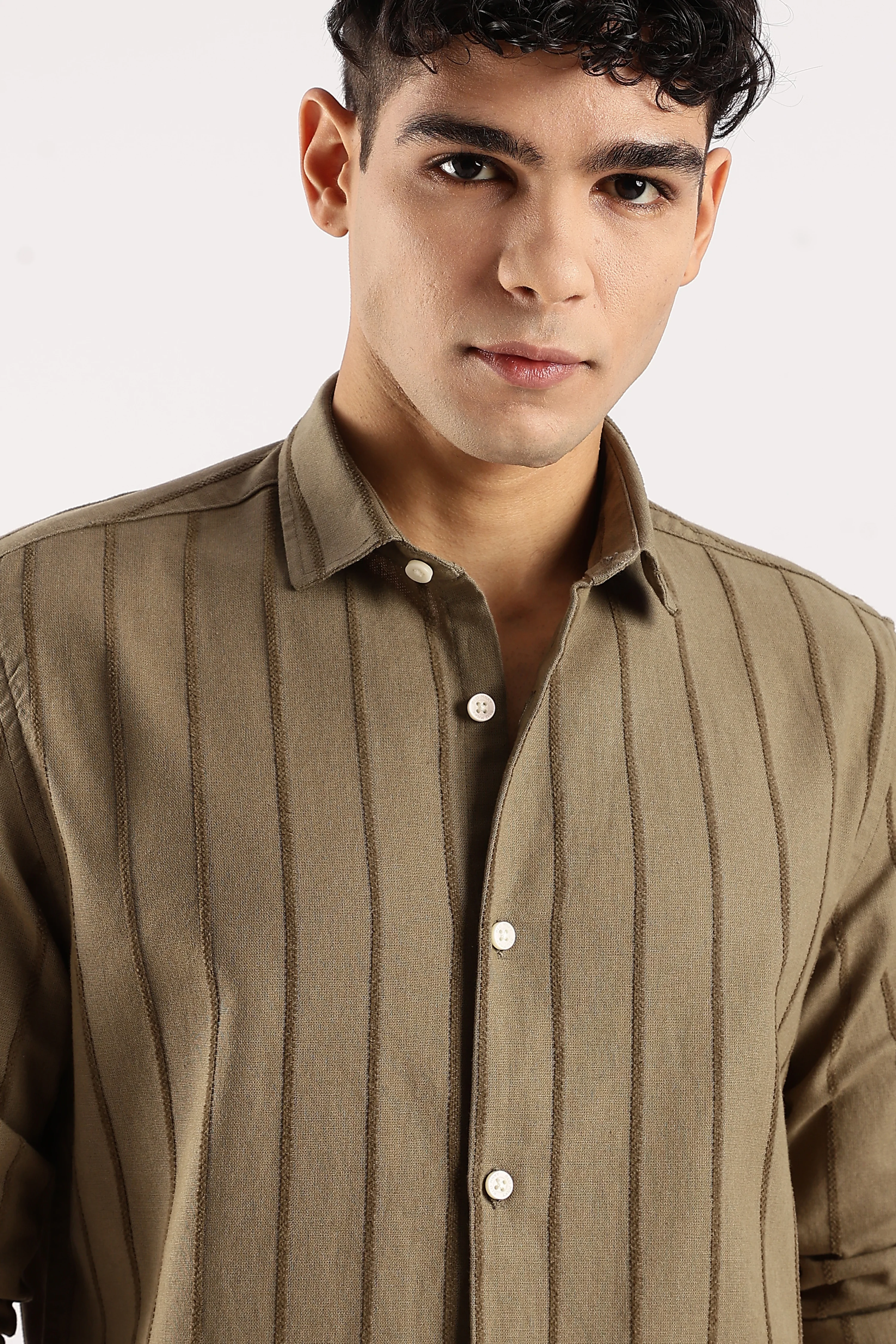 Men Green Cotton Self-Striped Shirt - Image 9