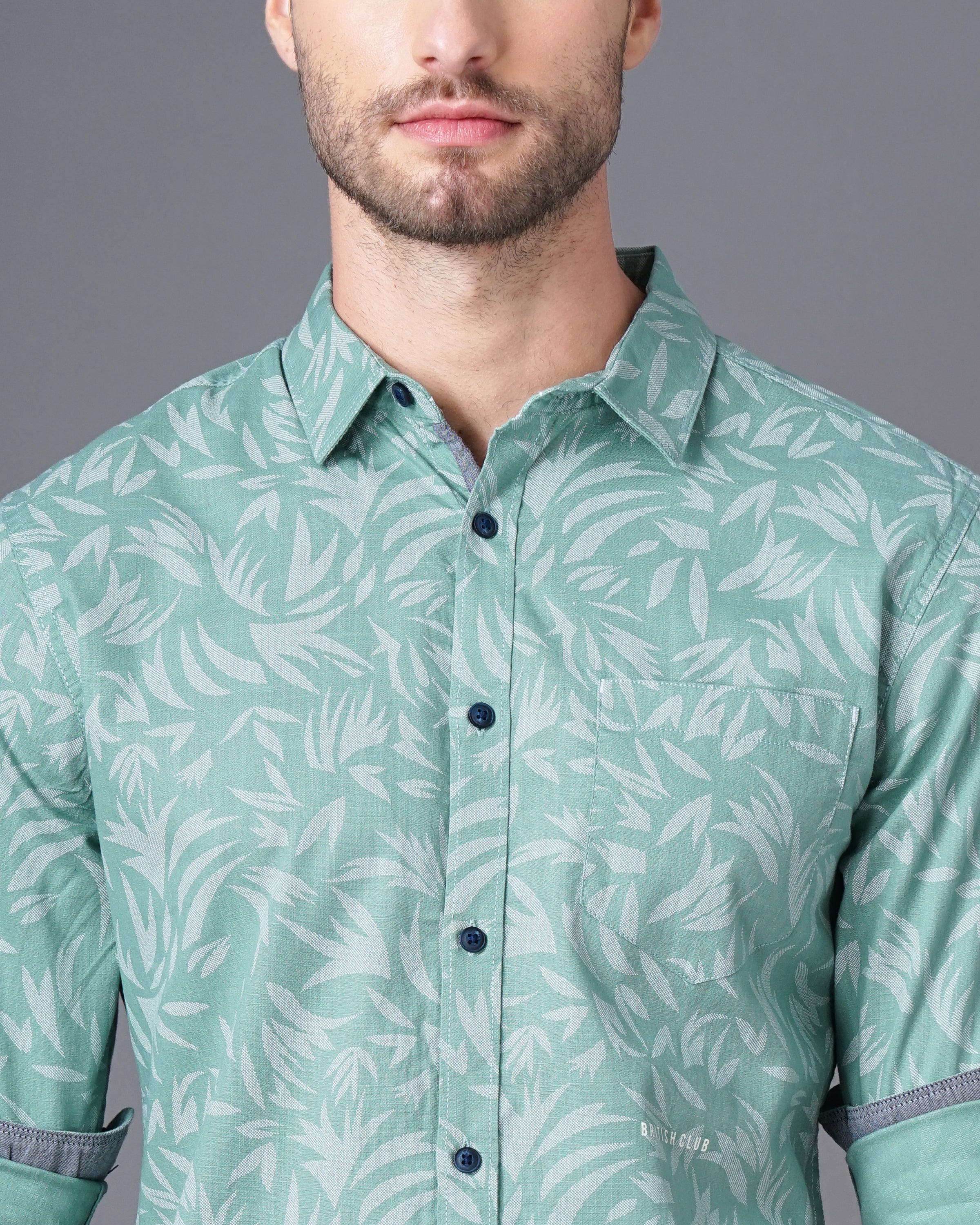 Men Green Cotton Slim Shirt - Image 2