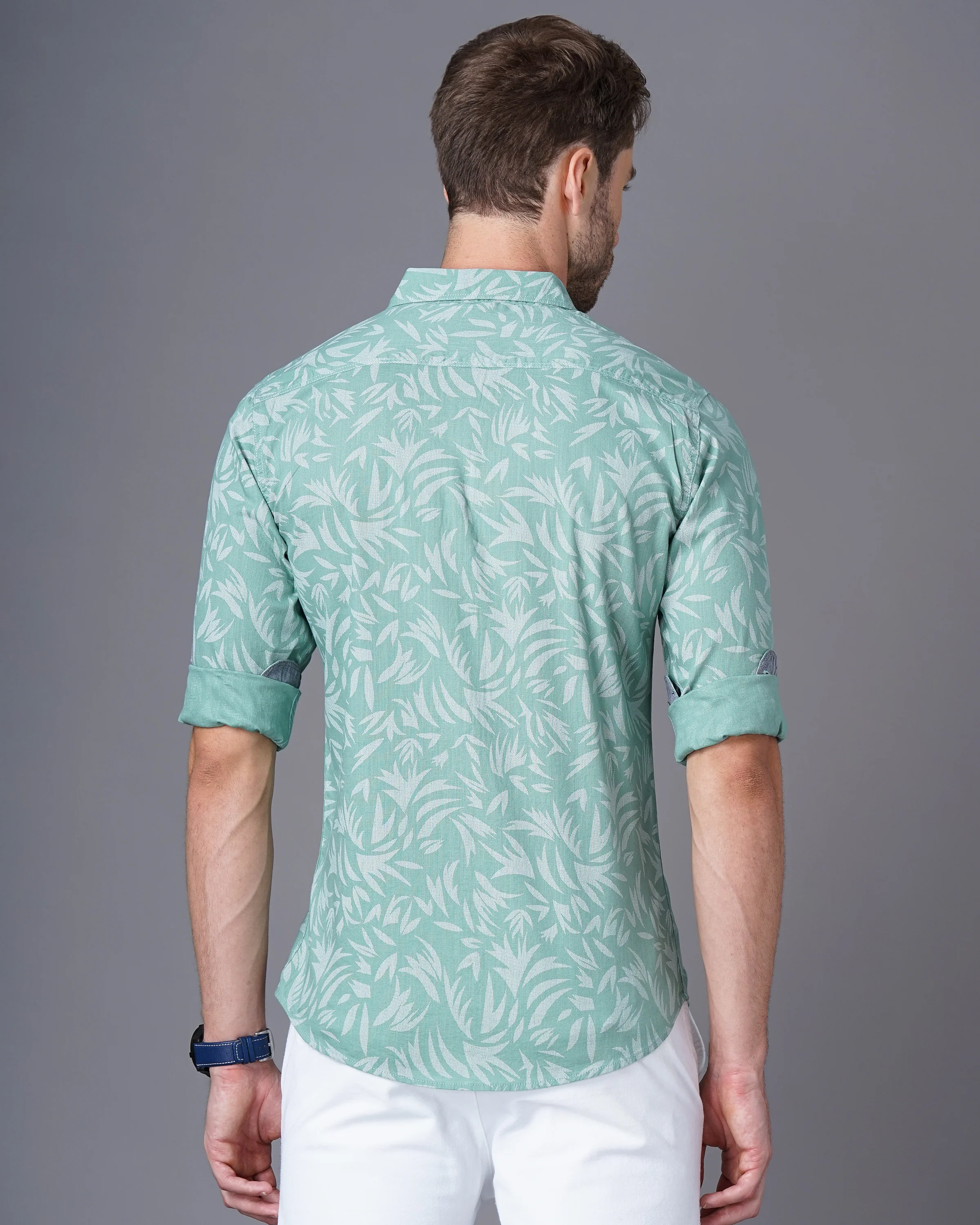 Men Green Cotton Slim Shirt - Image 3