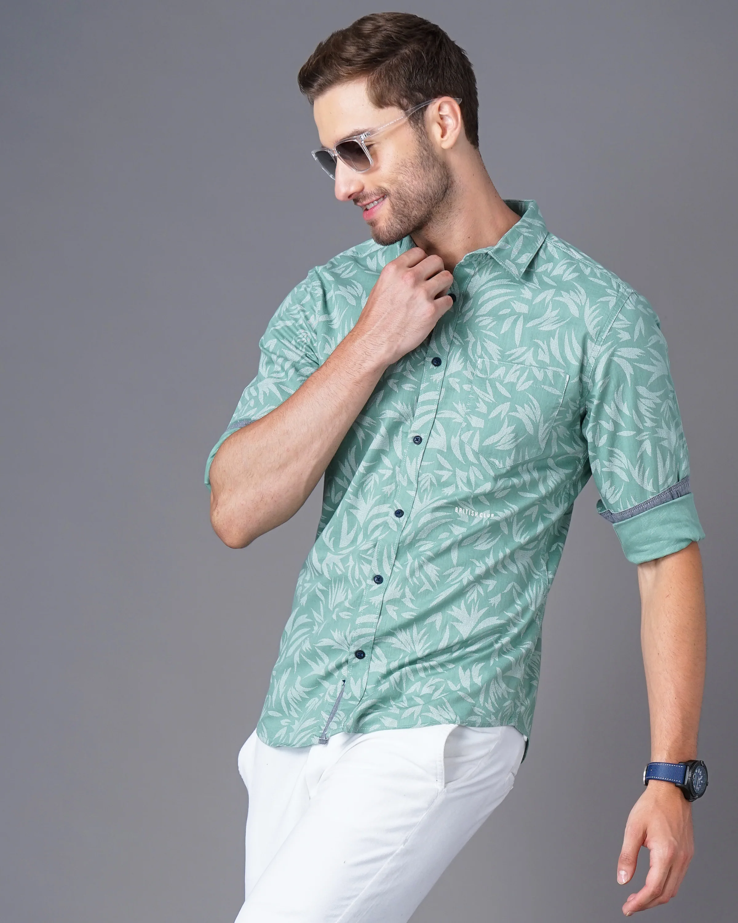 Men Green Cotton Slim Shirt - Image 4