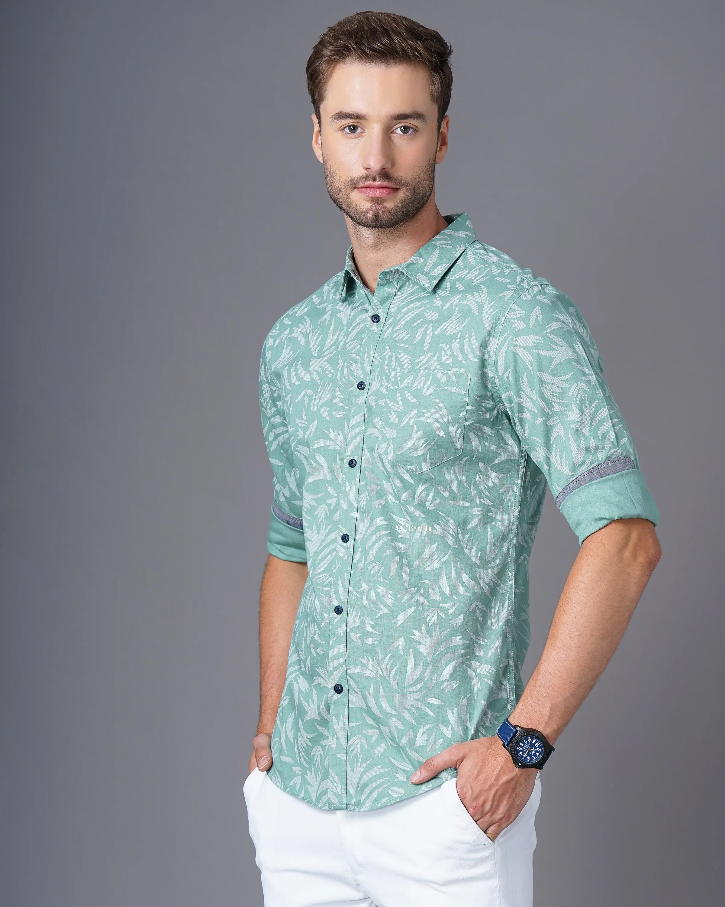 Men Green Cotton Slim Shirt - Image 5