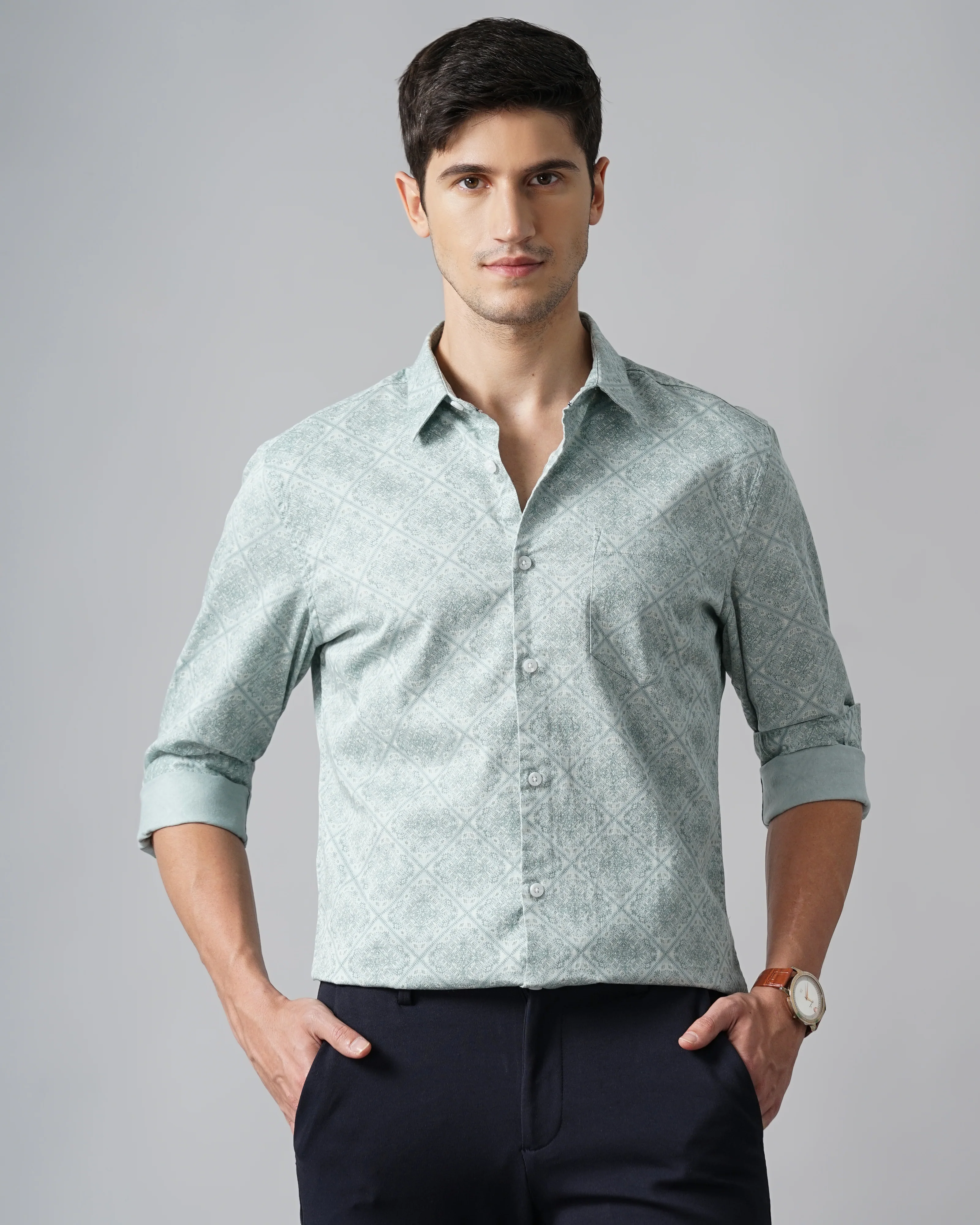 Men Green Cotton Slim Shirt - Image 4