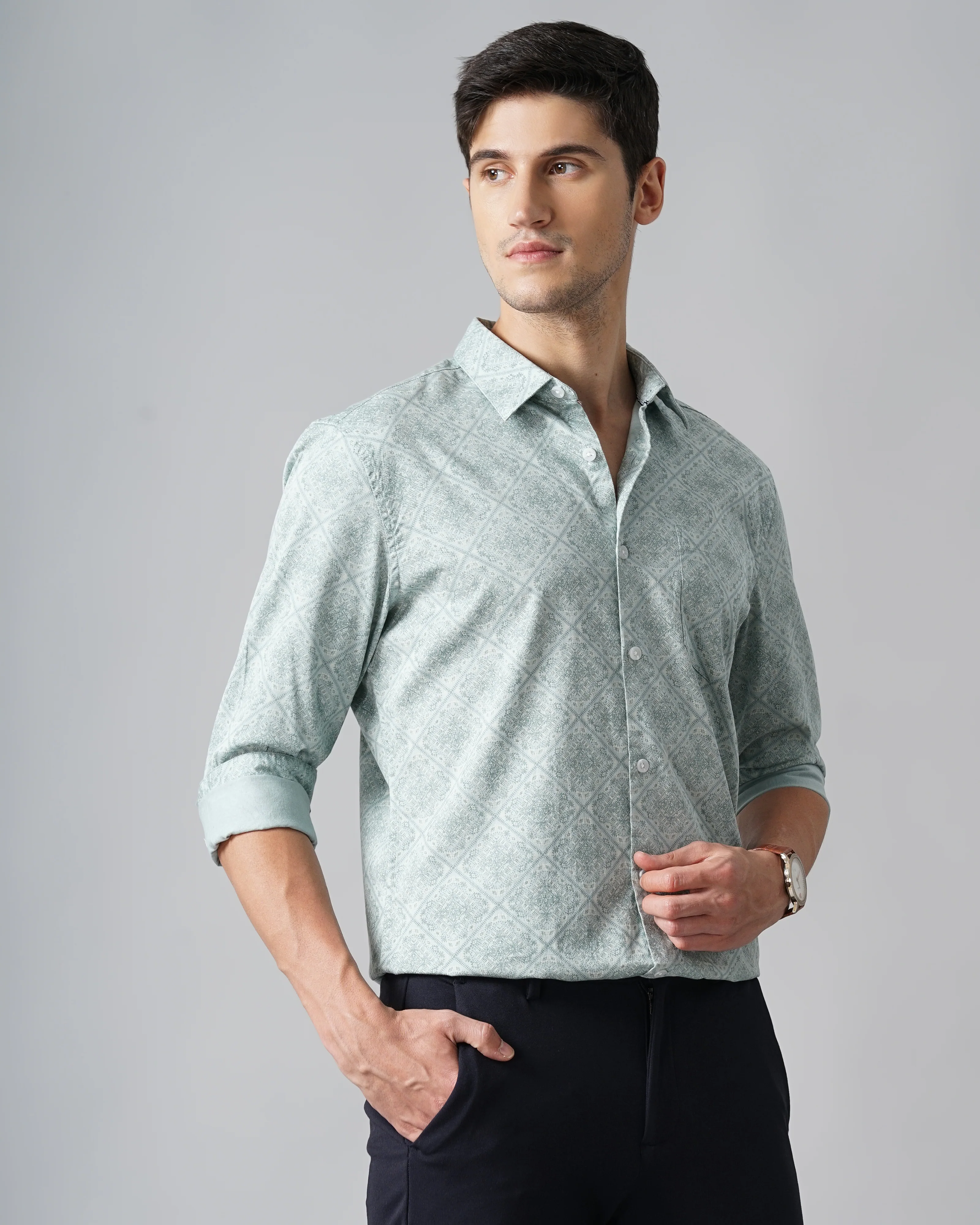 Men Green Cotton Slim Shirt - Image 5