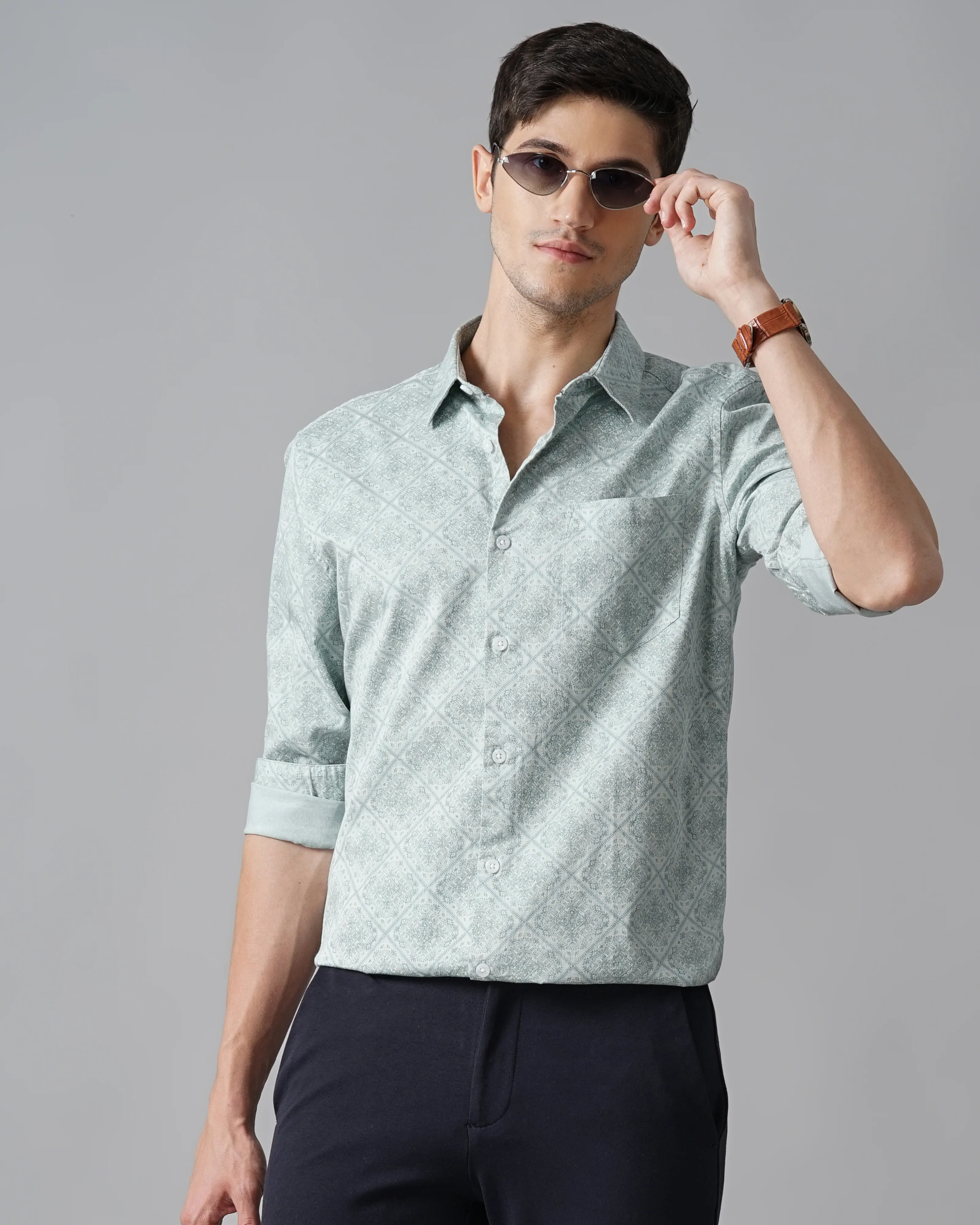 Men Green Cotton Slim Shirt - Image 6