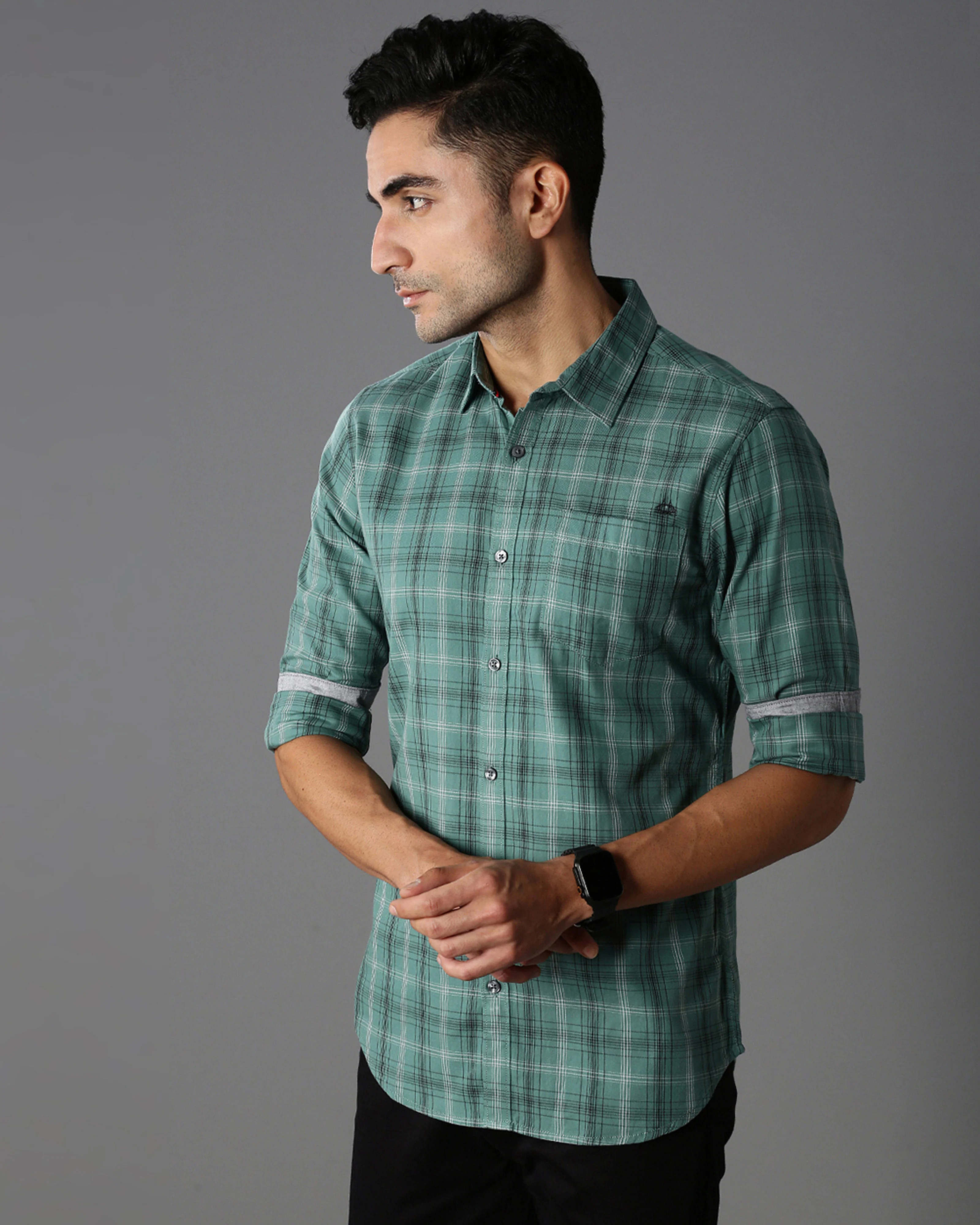 Men Green Cotton Slim Shirt - Image 2
