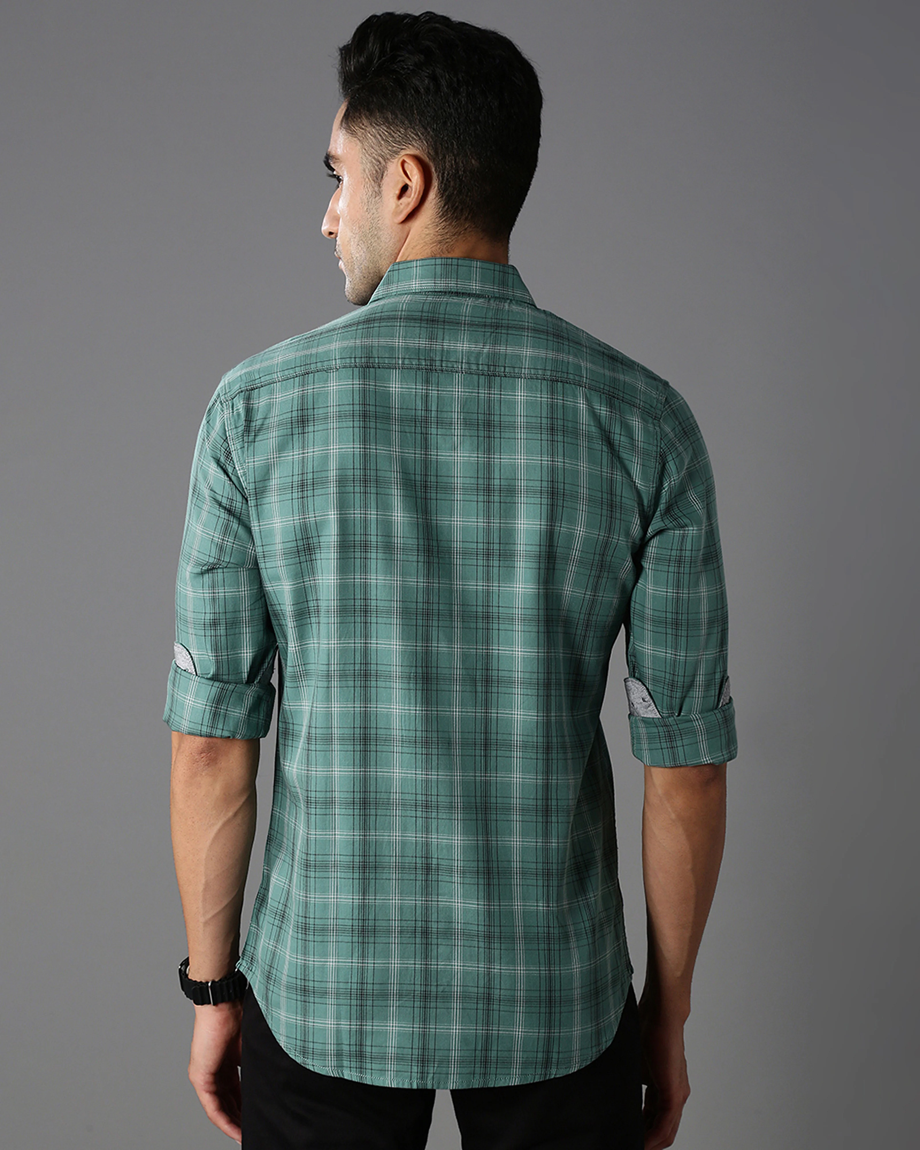 Men Green Cotton Slim Shirt - Image 5