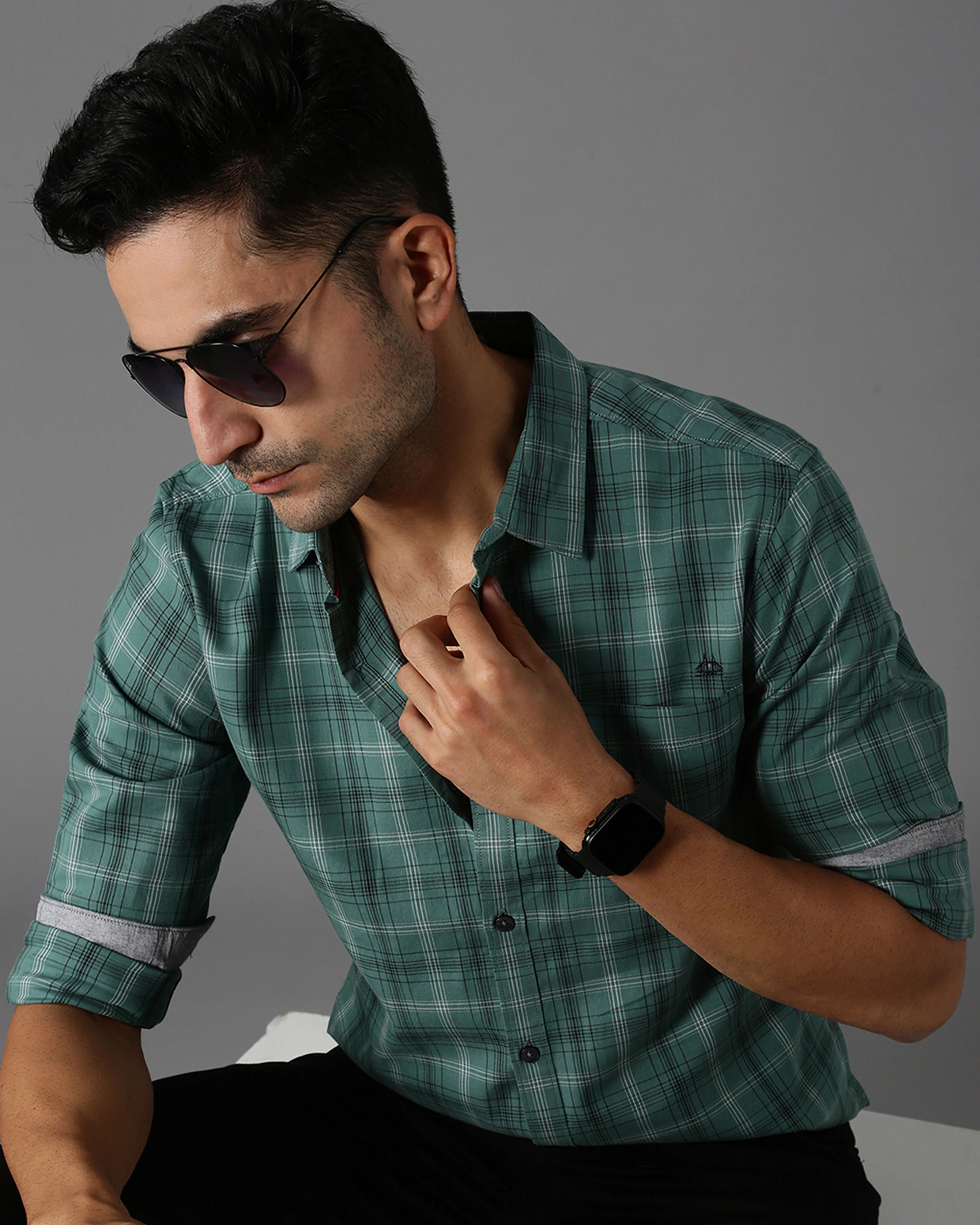 Men Green Cotton Slim Shirt - Image 6