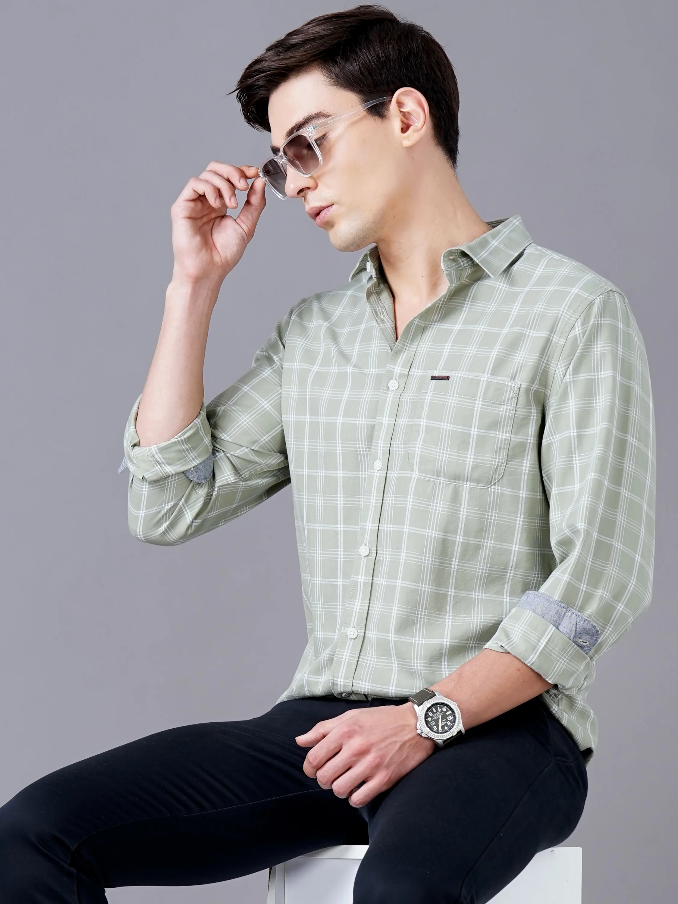 Men Green Cotton Slim Shirt - Image 6