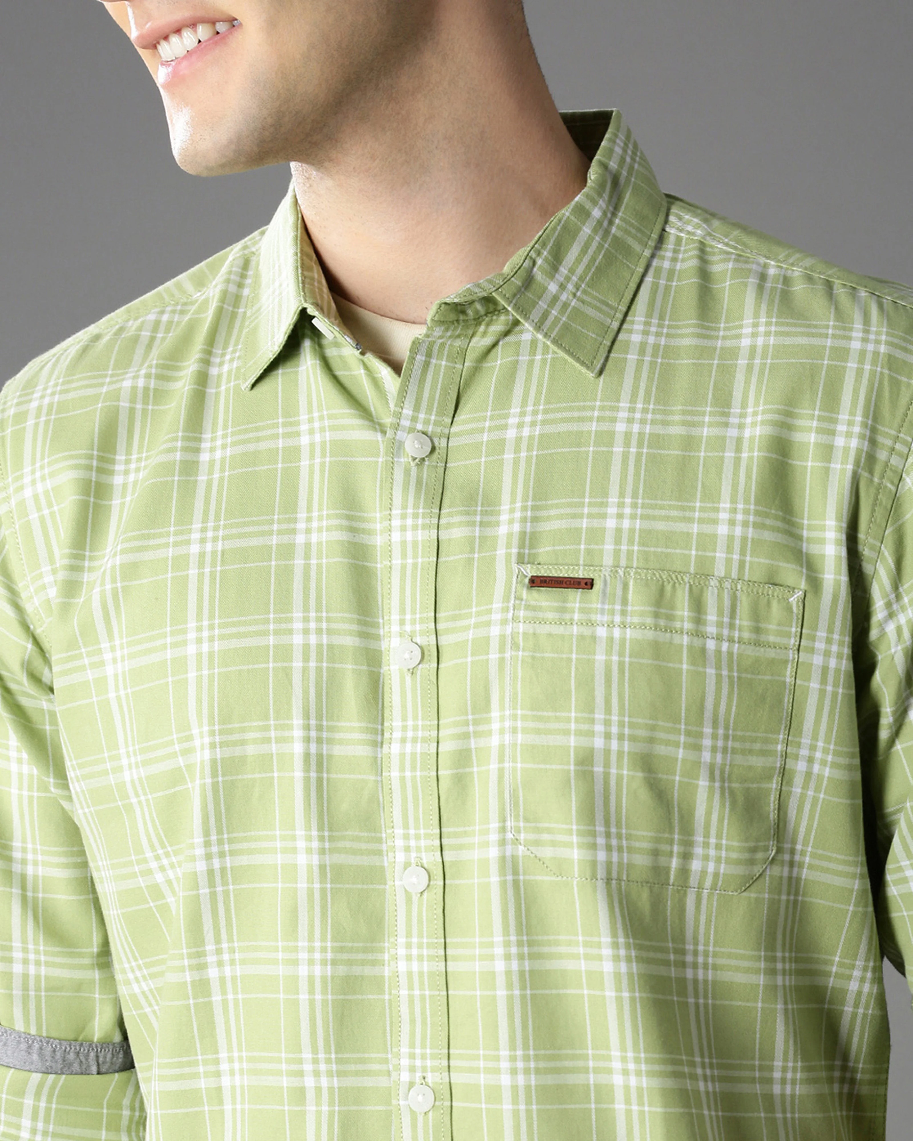 Men Green Cotton Slim Shirt - Image 3