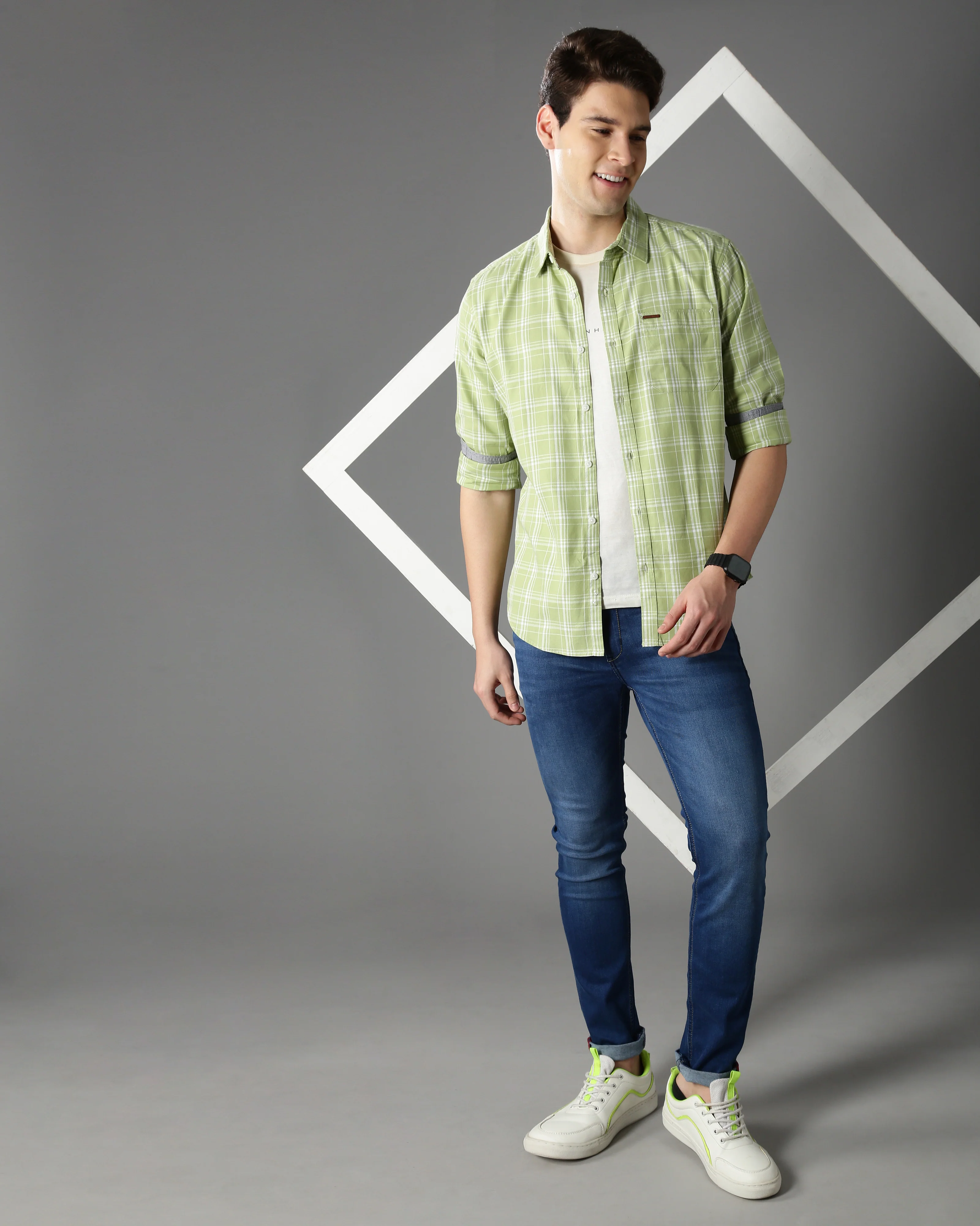 Men Green Cotton Slim Shirt - Image 6