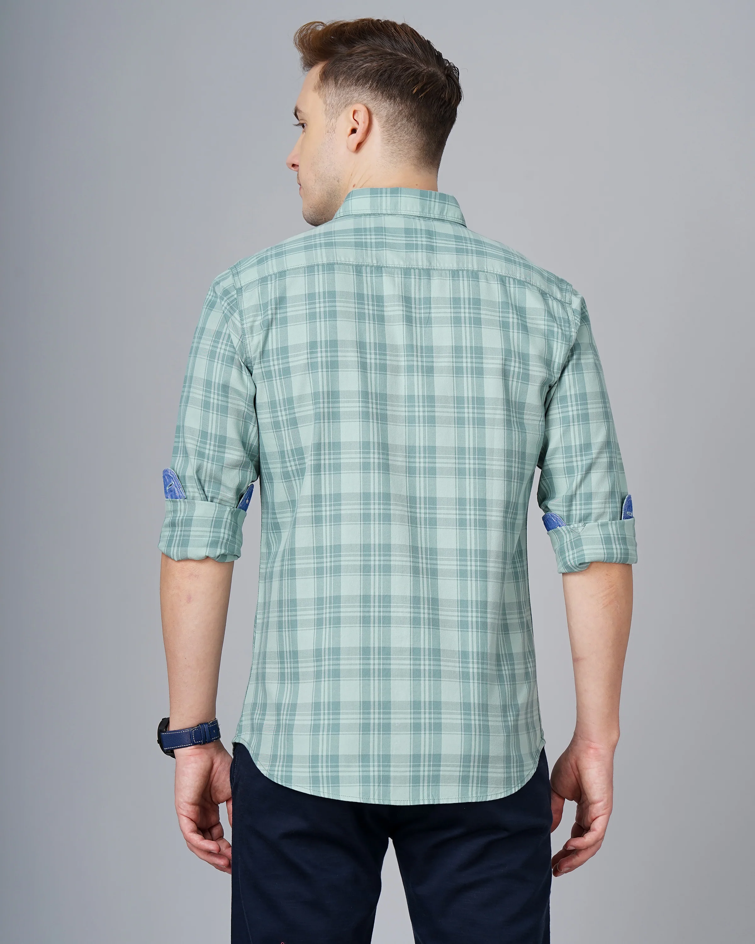Men Green Cotton Slim Shirt - Image 3