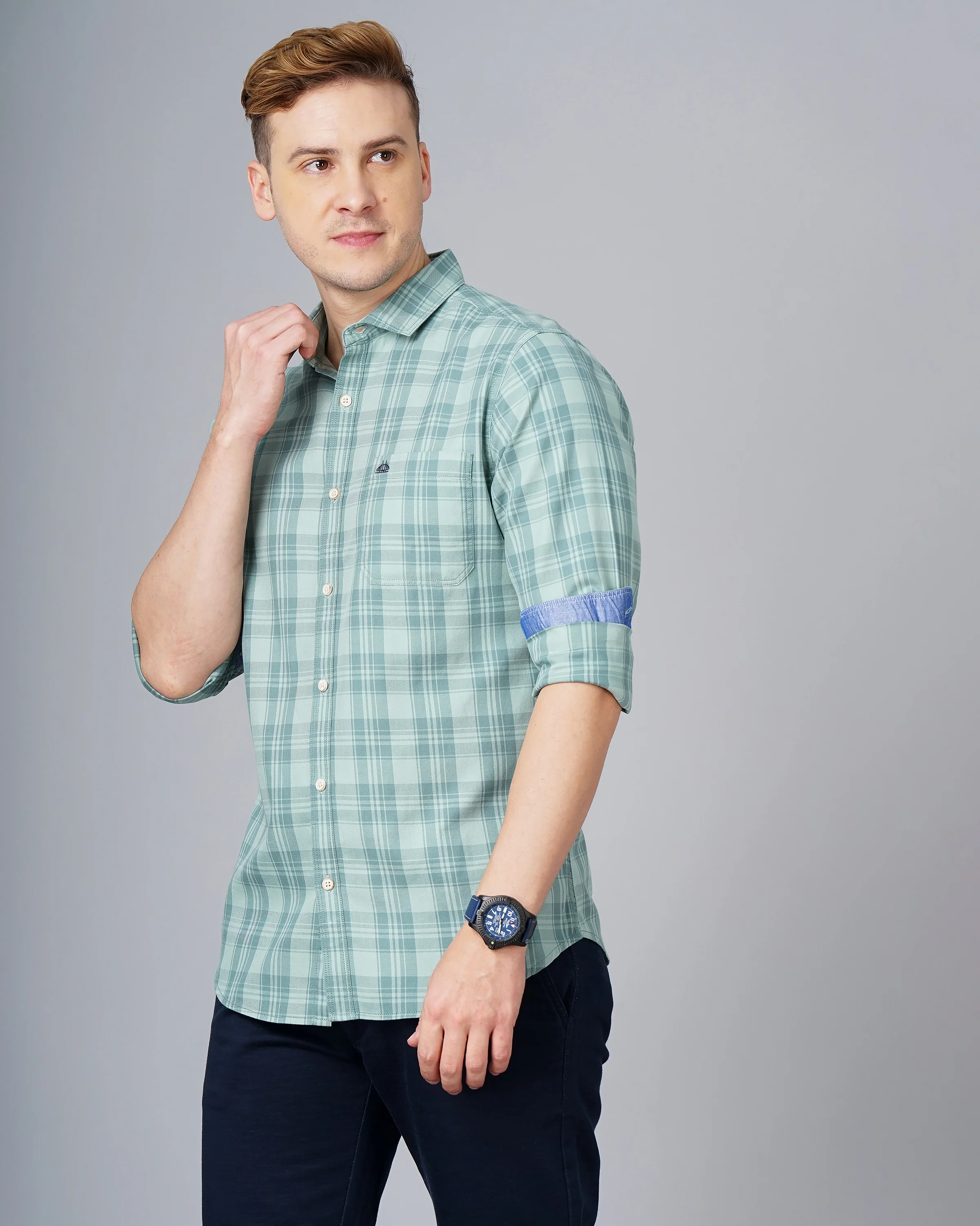 Men Green Cotton Slim Shirt - Image 5