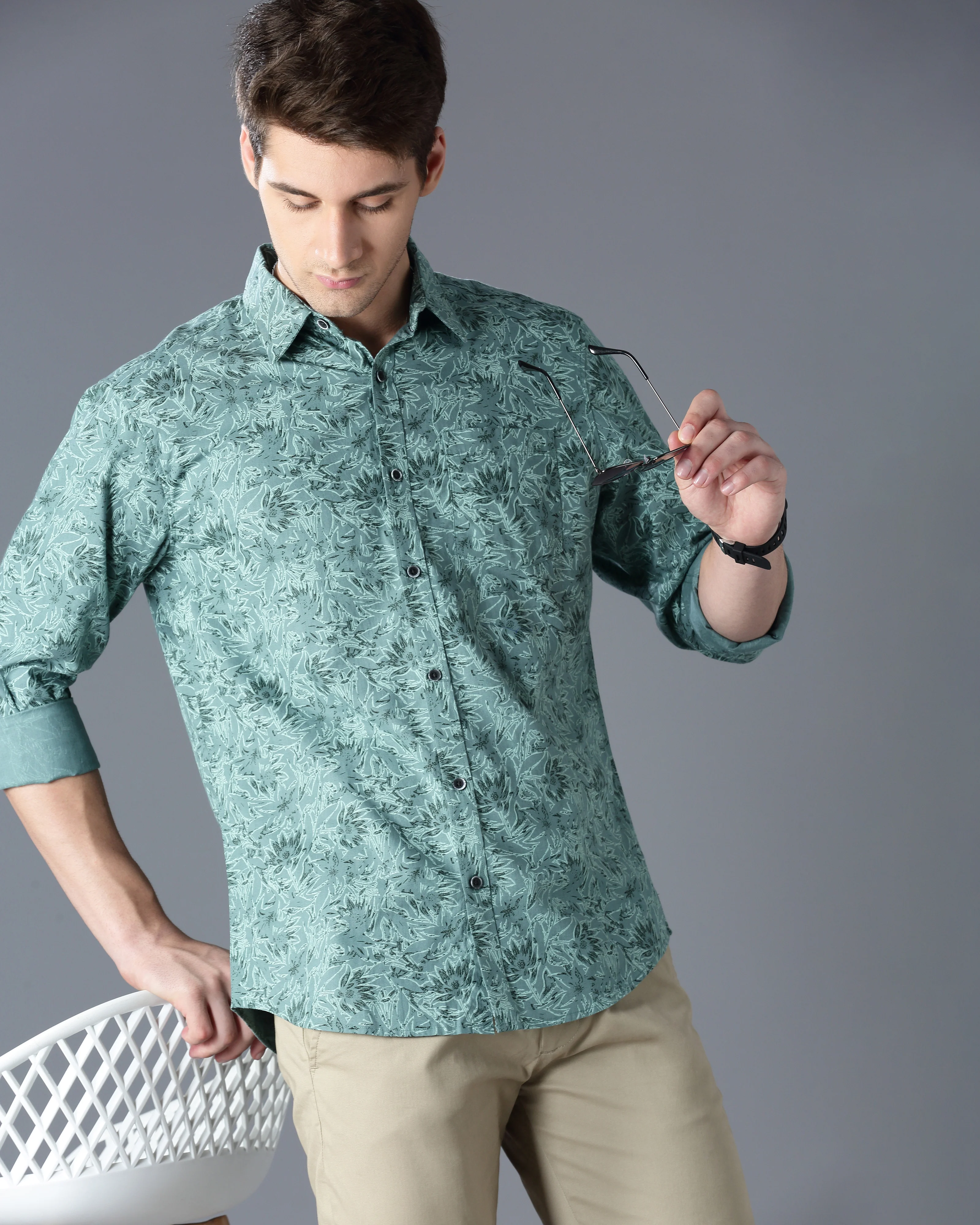 Men Green Cotton Slim Shirt - Image 2