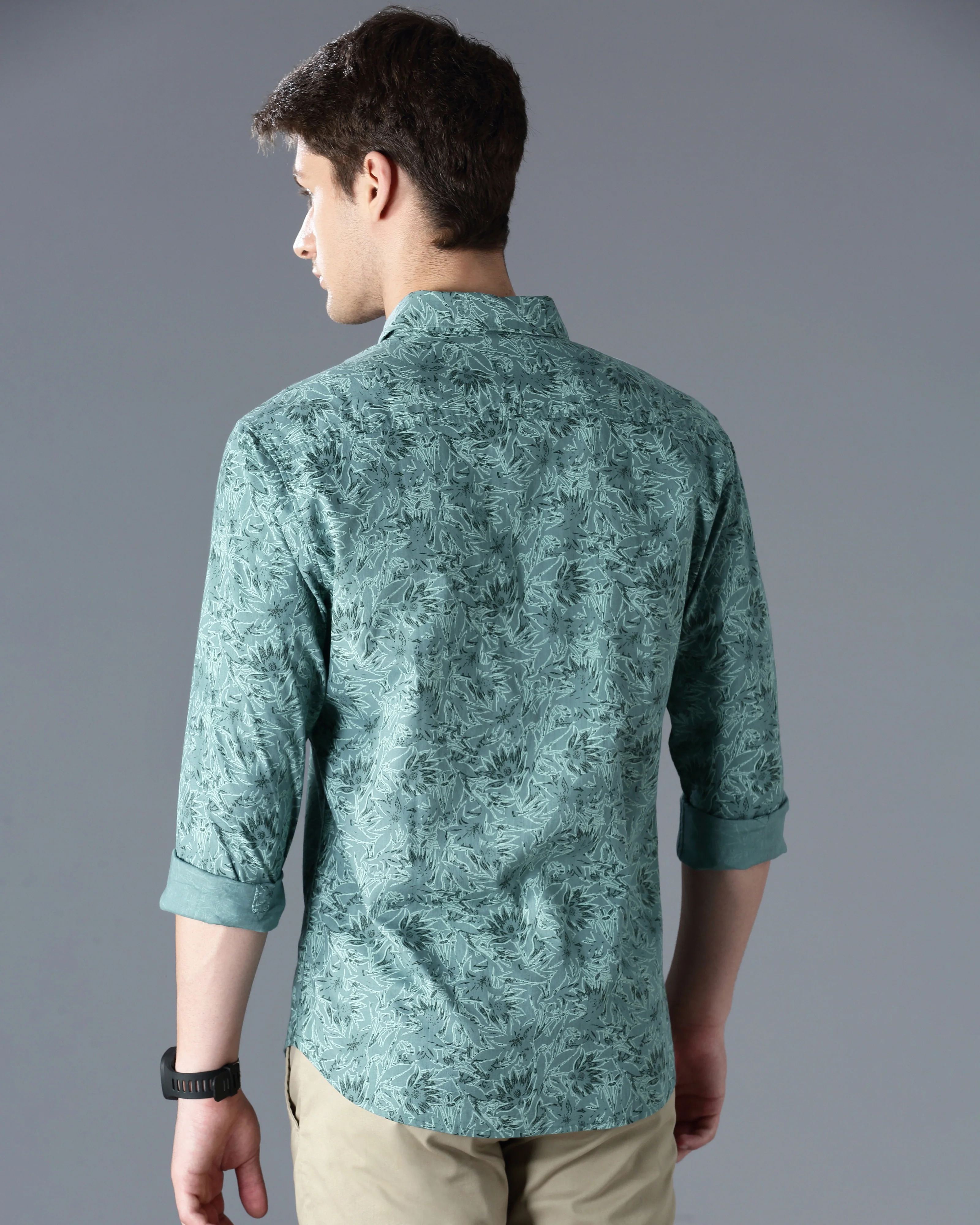 Men Green Cotton Slim Shirt - Image 3