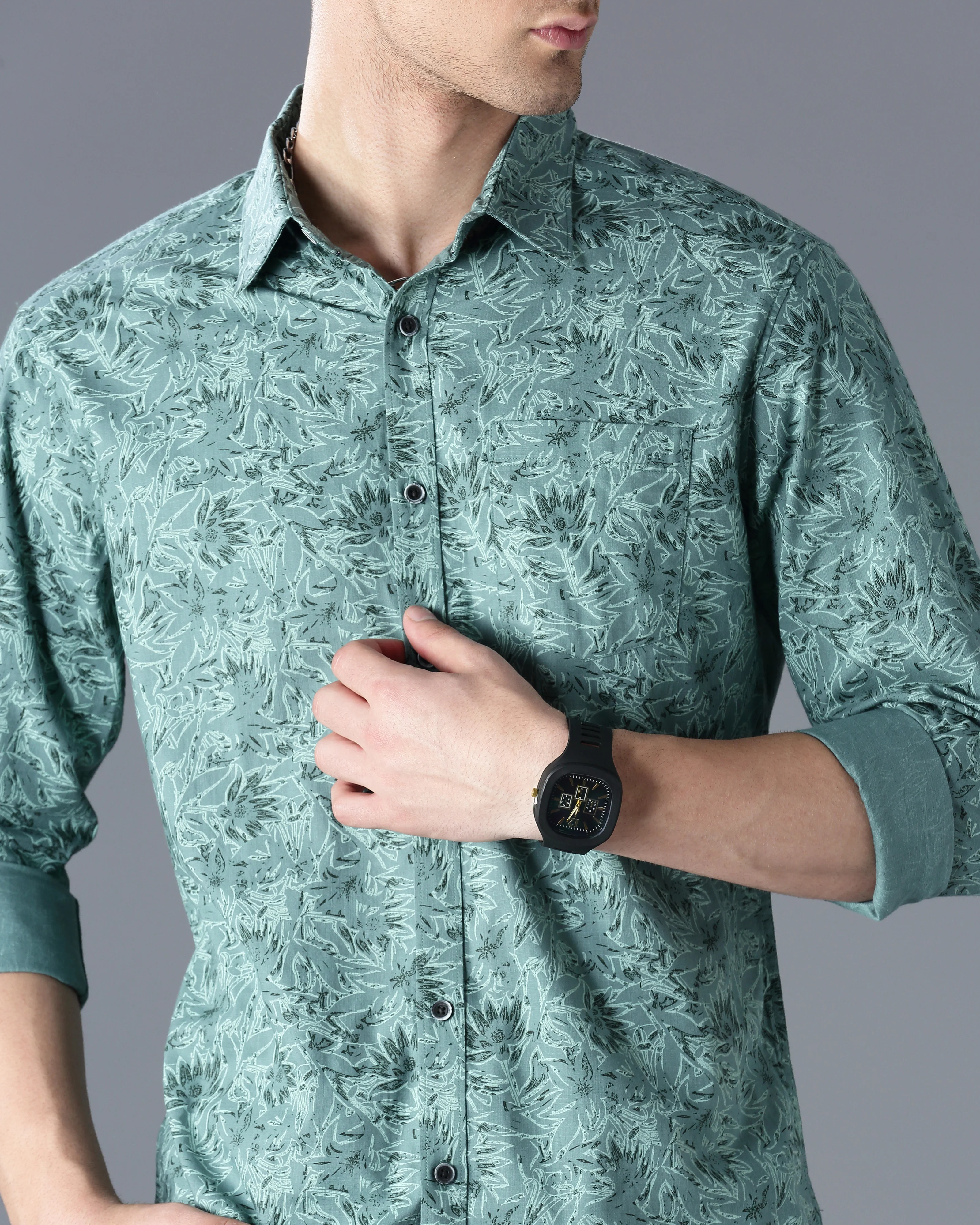 Men Green Cotton Slim Shirt - Image 4