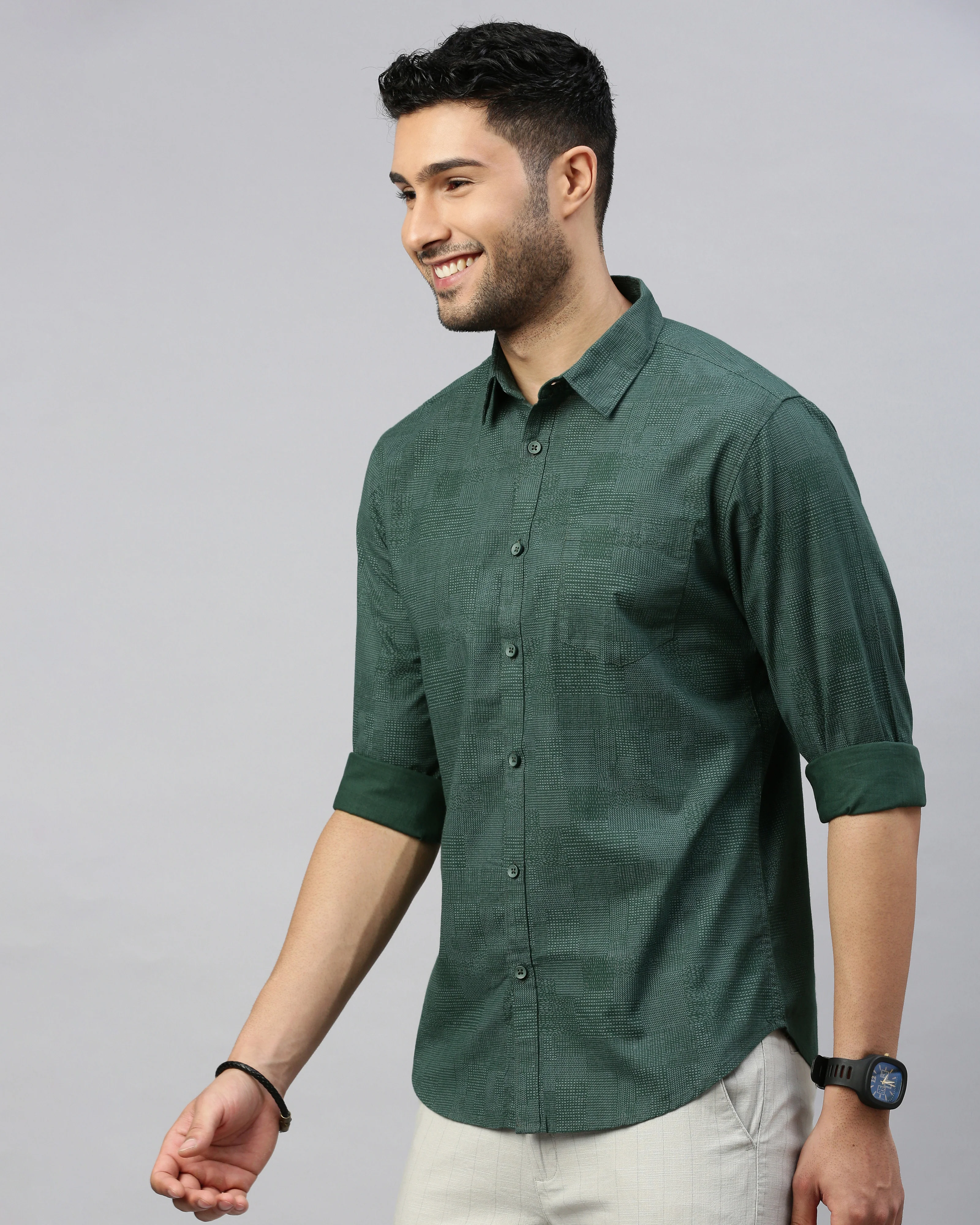 Men Green Cotton Slim Shirt - Image 4