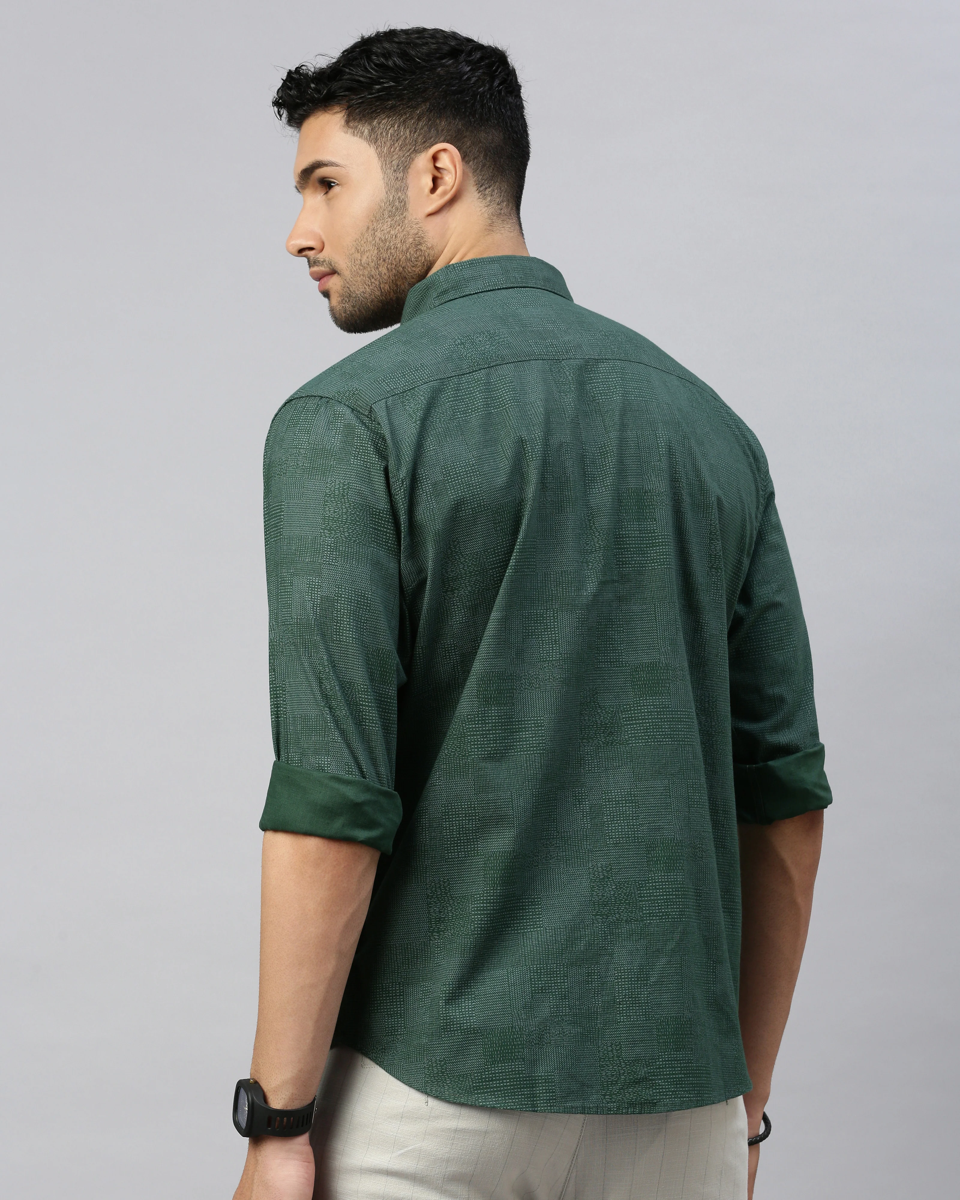 Men Green Cotton Slim Shirt - Image 5