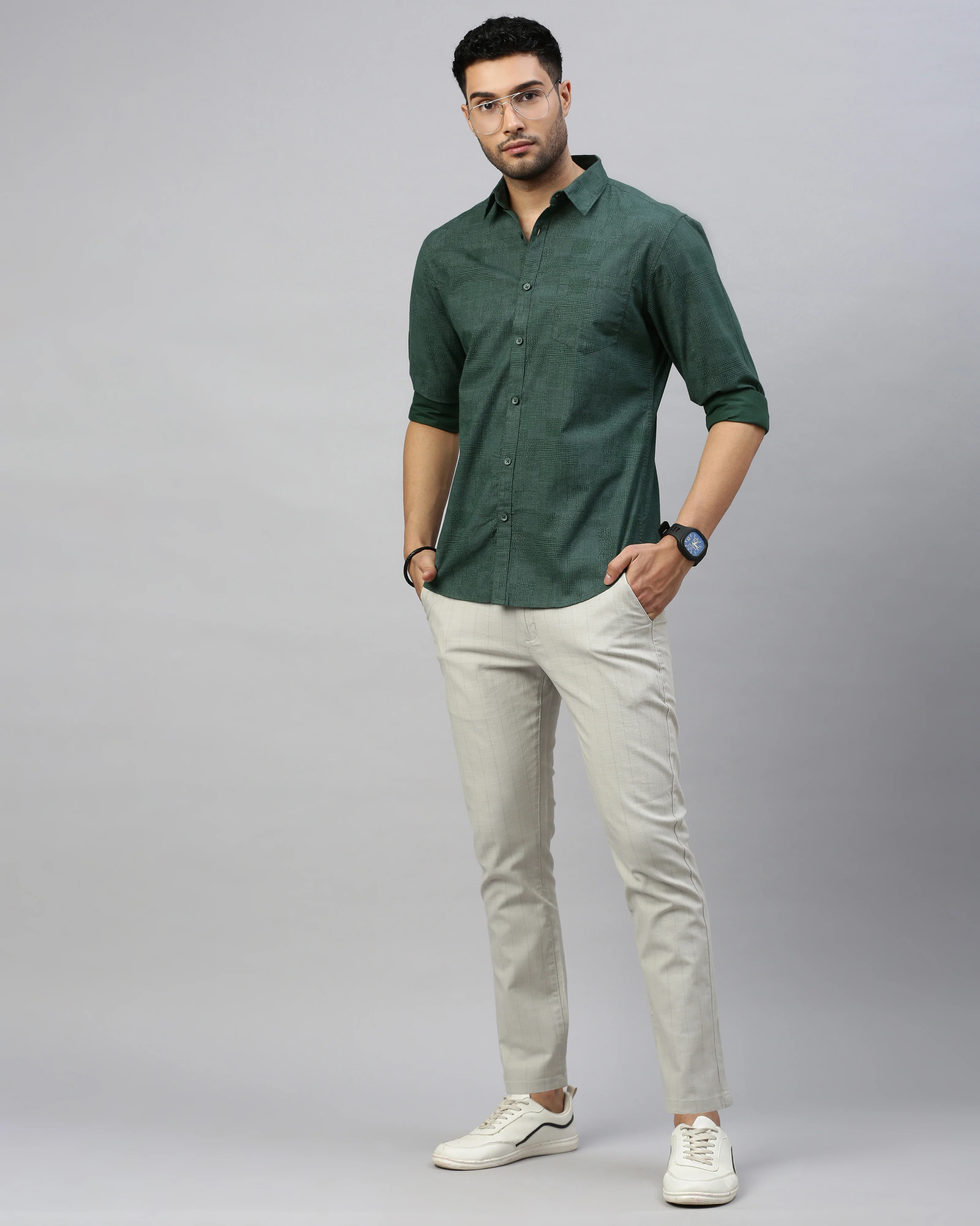 Men Green Cotton Slim Shirt - Image 7