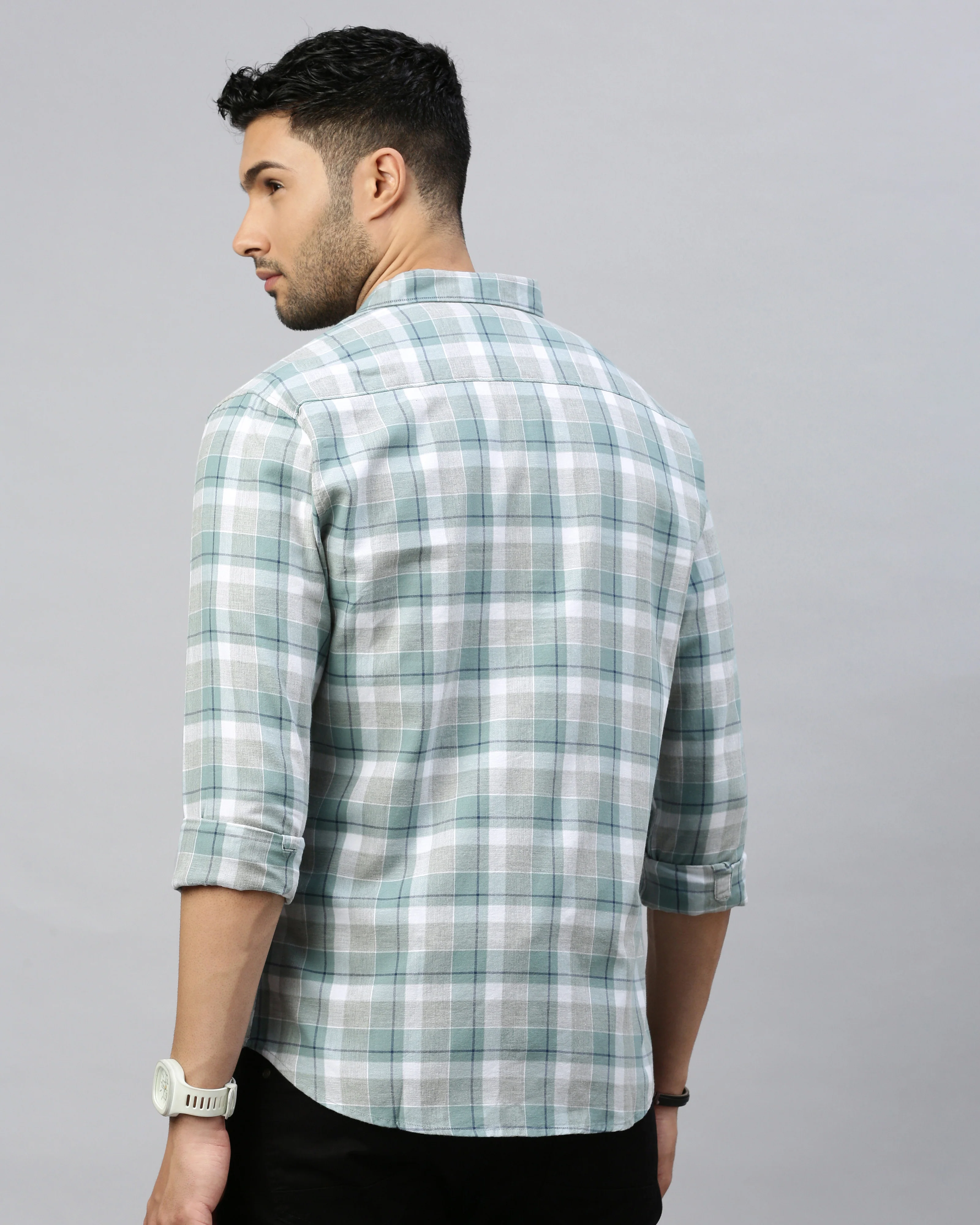 Men Green Cotton Slim Shirt - Image 3