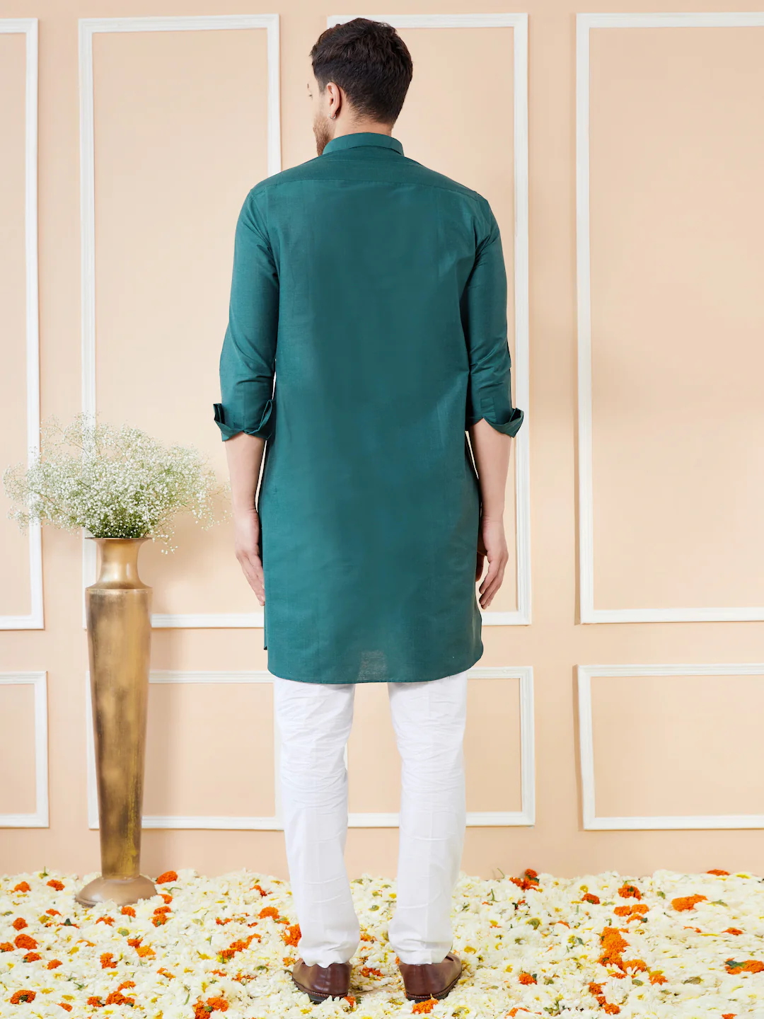 Men Green Cotton Solid Pathani Kurta - Image 3
