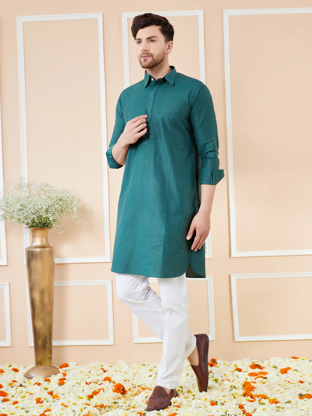 Men Green Cotton Solid Pathani Kurta - Image 4